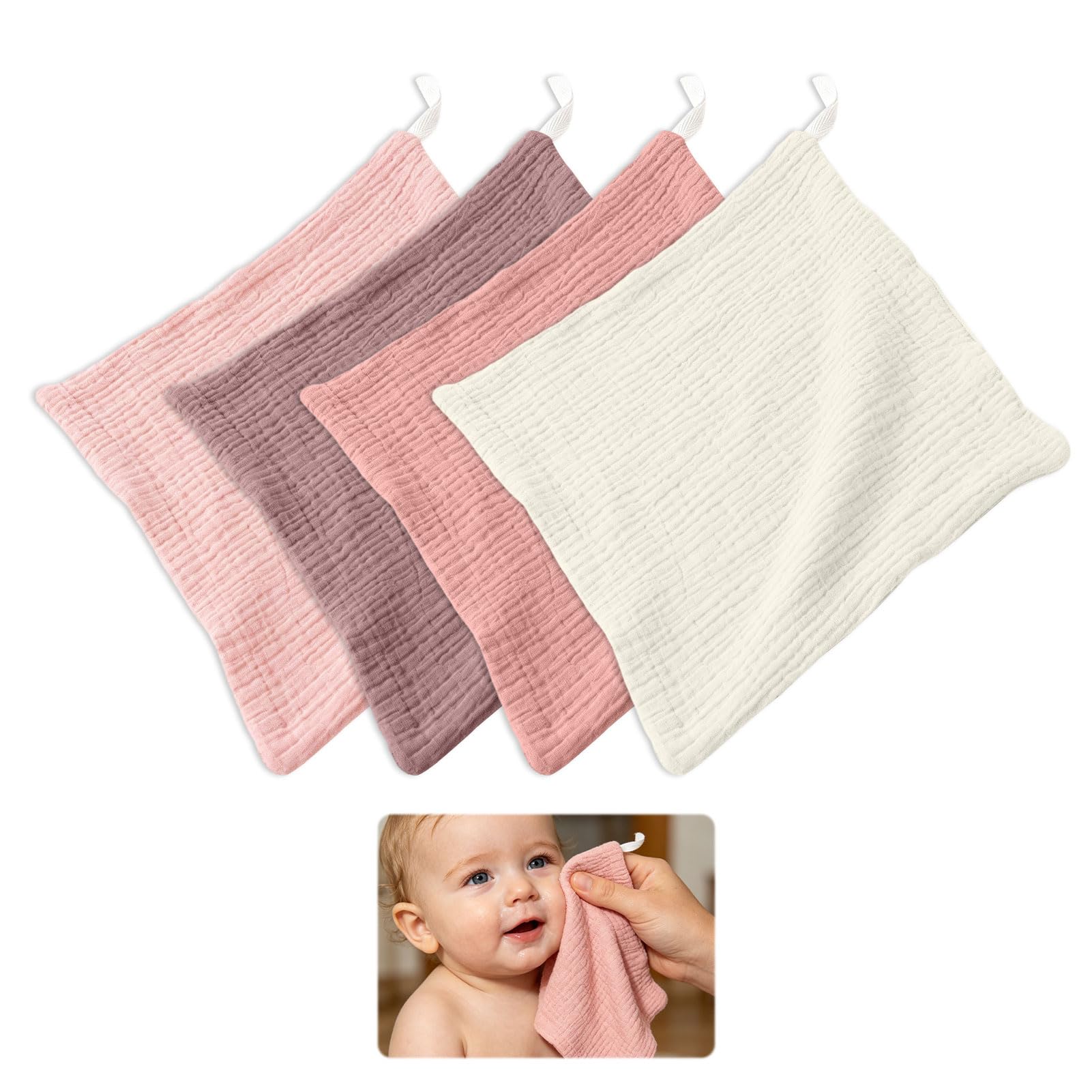 Linhono​ Muslin Face Cloths for Cleansing, 4PCS Soft Reusable Makeup Remover Cloths, Gentle Face Towels for Daily Skincare and Travel, Square Cotton Washcloths with Hanging Loop