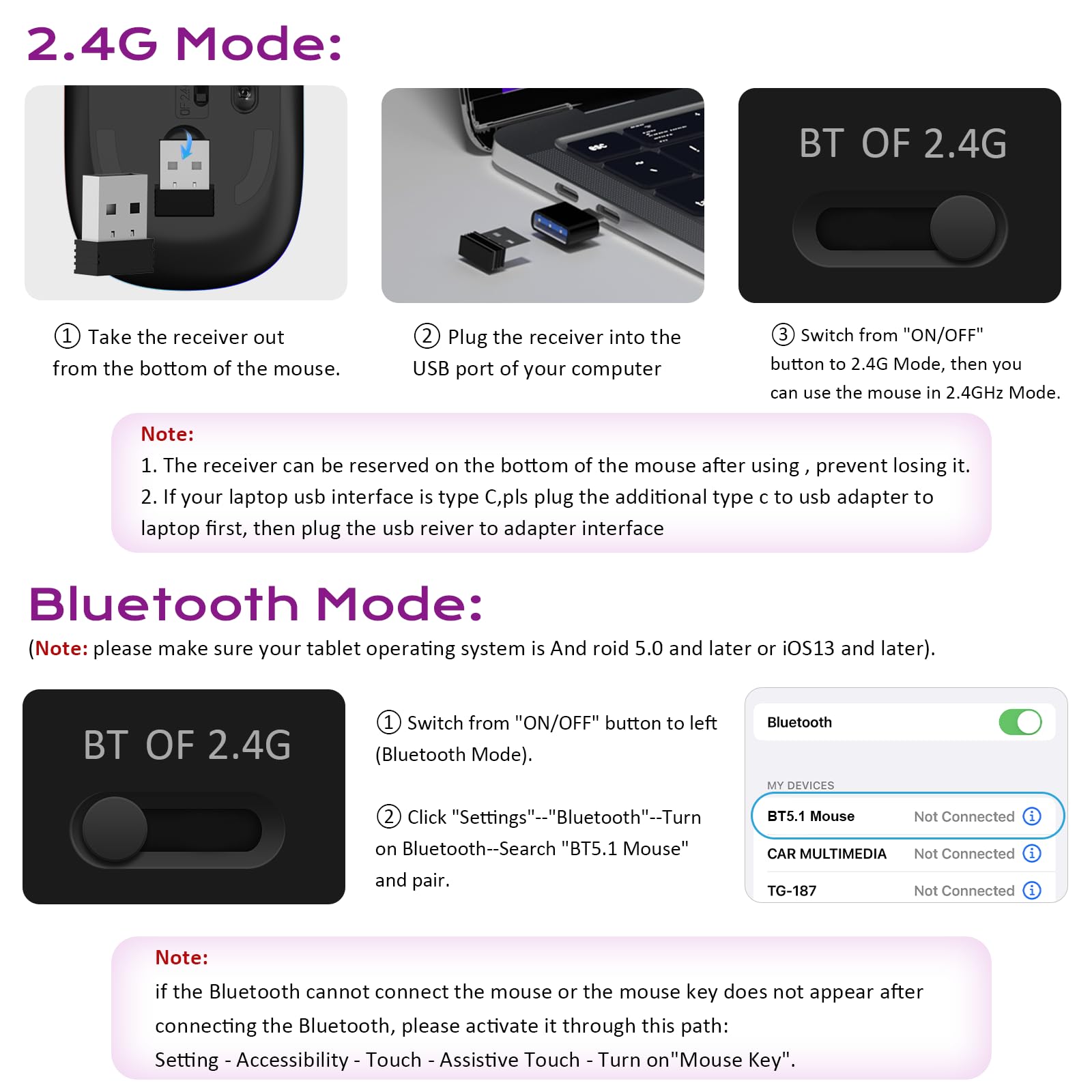 Wireless Mouse, 2.4G & Bluetooth Mouse for Laptop Slim Silent Mice with USB Receiver, 7 Color Backlit LED, 1000/1200/1400/1600 DPI Optical Computer Mice, Compatible with PC, Mac, Laptop, Purple — view 8