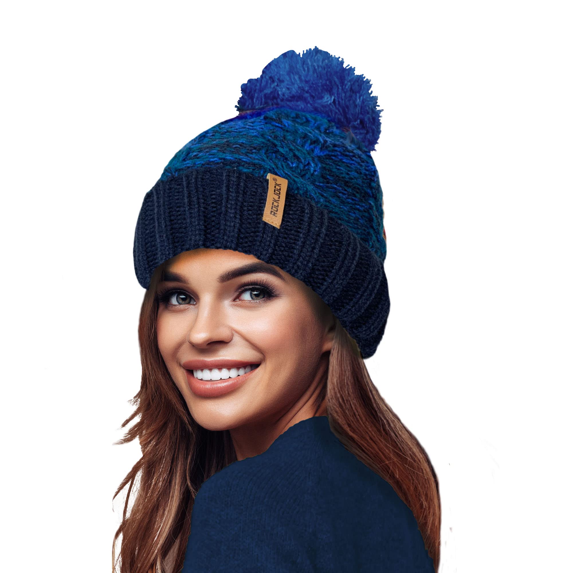 Rockjock Women's Navy/Cobalt Stormactive 100% Waterproof Unisex Chunky Ombre Warm Winter Teddy Fleece Lined Knitted Pompom Beanie Hat