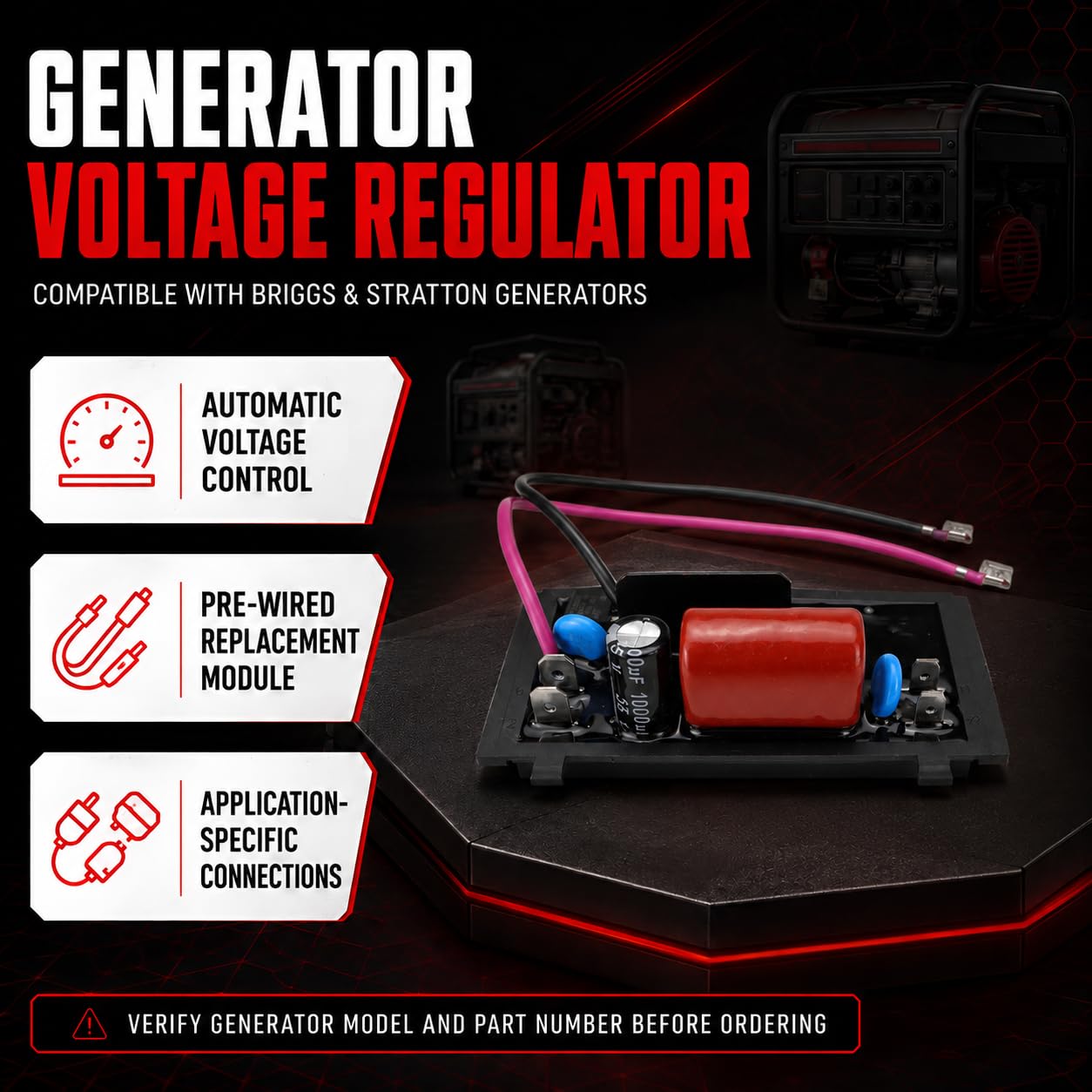 Flecto Regulator napięcia 20585GS kompatybilny z generatorem Briggs & Stratton, zamiennik # 2058566 991-3465-00, przywraca stabilną moc wyjściową i chroni podłączone urządzenia