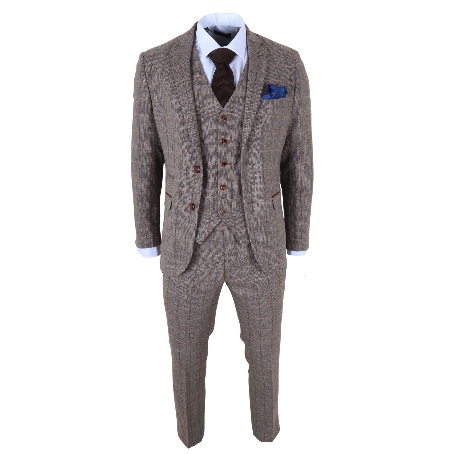 Truclothing Men's Brown 3 Piece Herringbone Check Wool Blend Tweed Suit - 42
