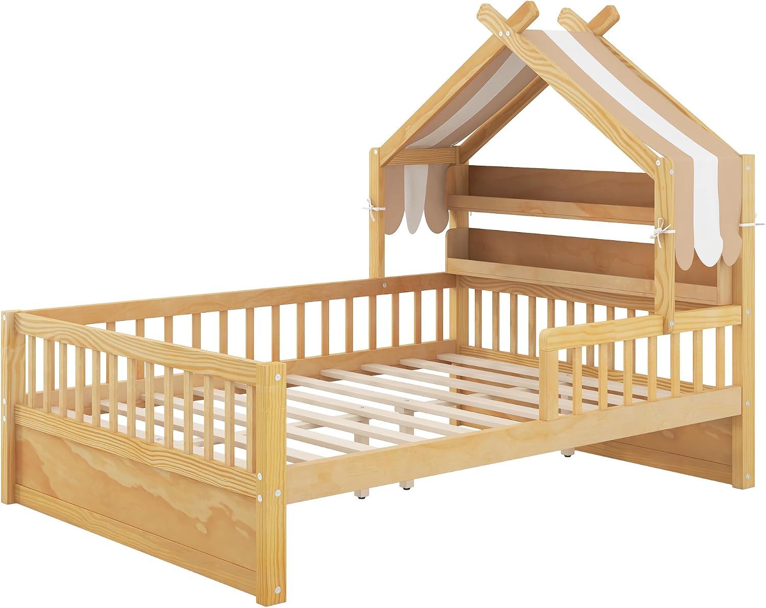 Merax Full Size House Platform Bed with Storage Headboard, Wood Full Bed Frame with Guardrail for Kids, 8.9'' Under Bed Storage, Easy Assembly, Natural