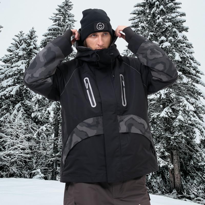 Snowshred Men's Camo Reflective Snow Jacket Waterproof Warm Ski Coat Hooded Snowboard Mountain Jacket for Winter Outdoor