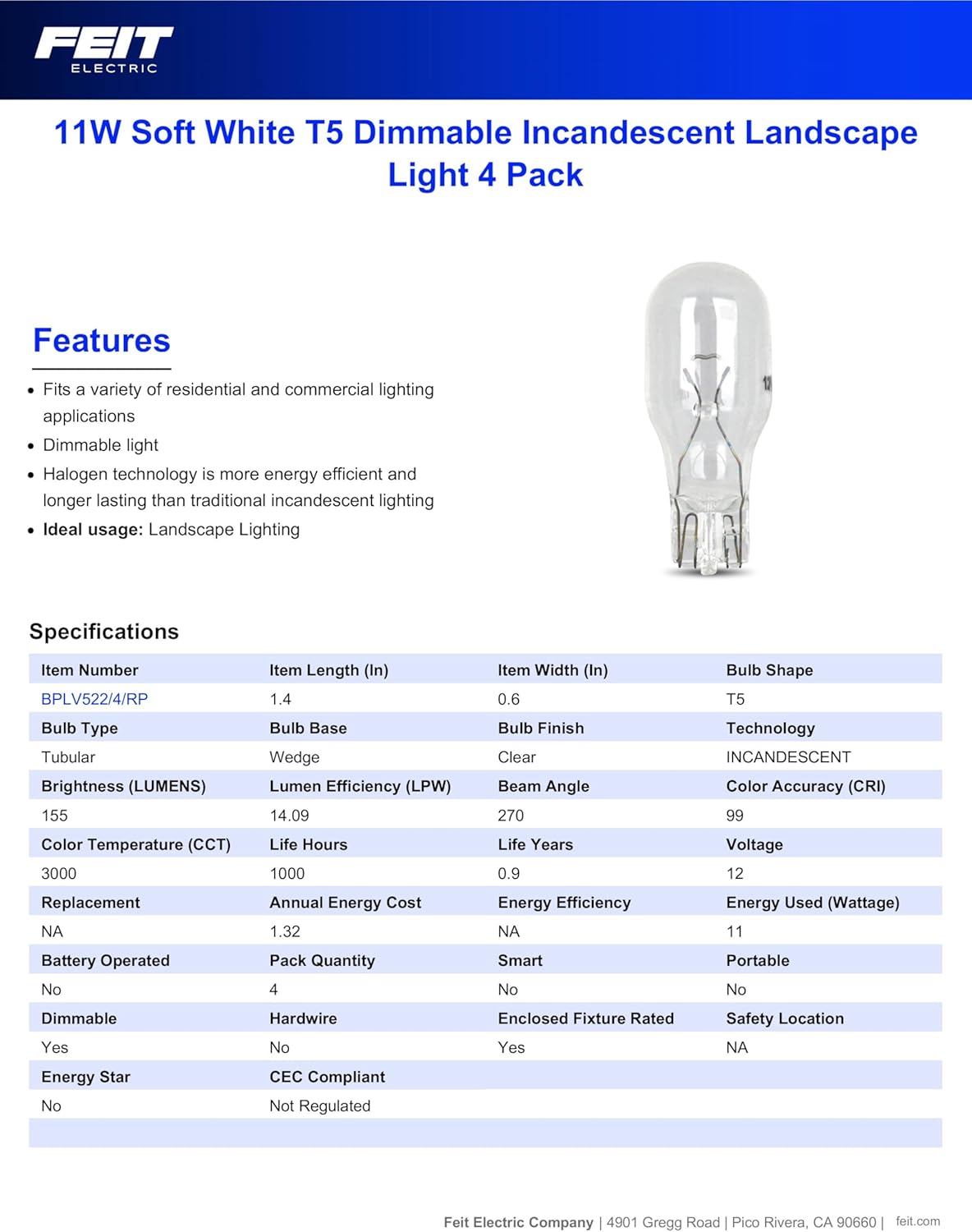Feit Electric BPLV522/4 11-Watt Incandescent T5 Bulb, 3000k Bright White (BPLV522/4/RP)