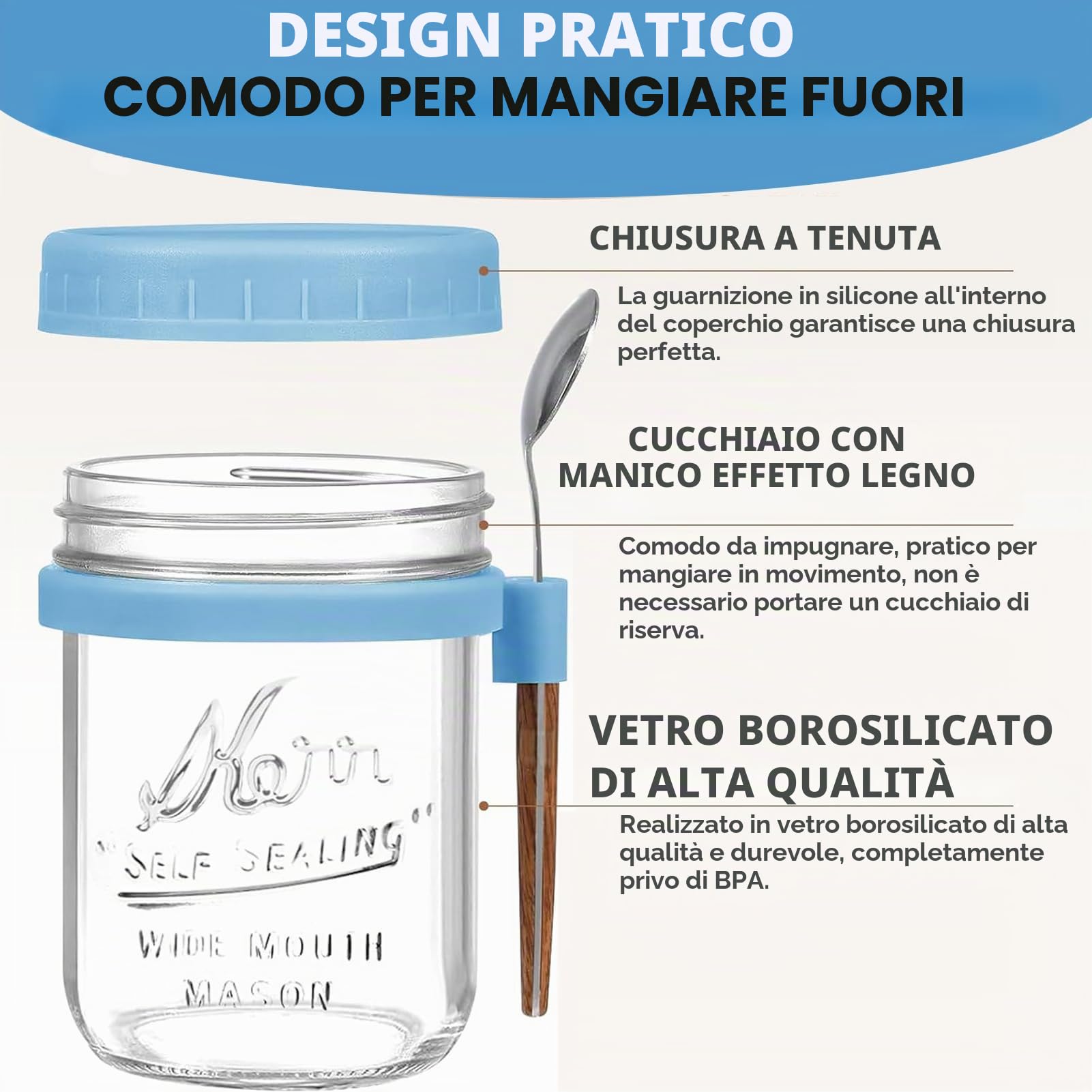 4 Pezzi Barattoli per Avena con Coperchi e Cucchiai, 480 ml Overnight Oats Jars Meal Prep Contenitori Cucina Contenitore Vetro per Yogurt Marmellata Insalate Frutta Fagioli