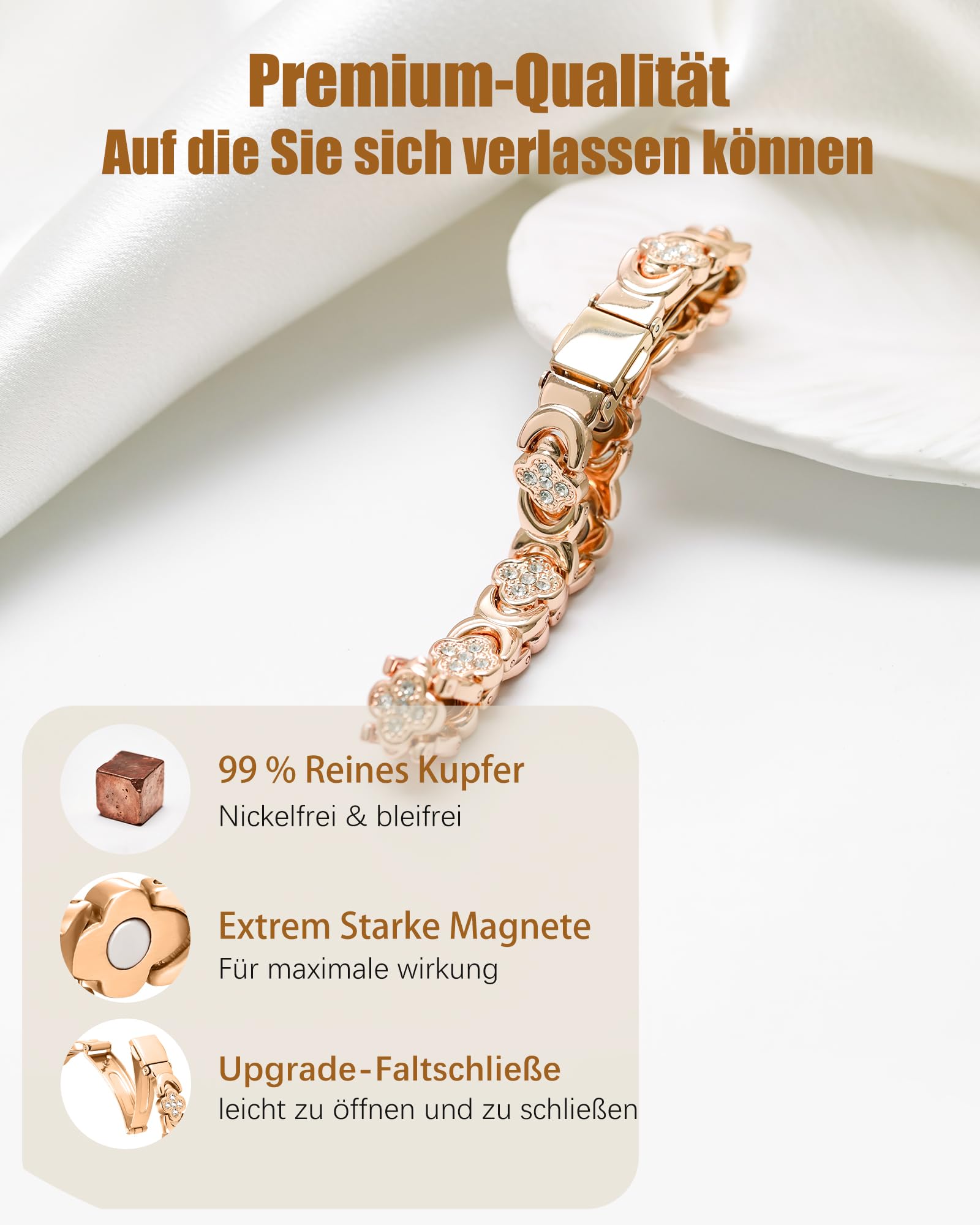 Jeracol Kupferarmband Damen und Magnetfeldtherapie Ring, gefertigt aus 99% reinem Kupfer, mit eingelegten Neodym-Magneten und funkelnden Zirkonia-Steinen, verstellbares Magnetarmband