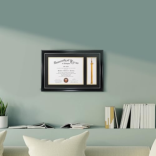 Miniatura 2 de GraduationMall Marco de diploma negro de 11 x 17 pulgadas con soporte de borla para documentos de certificado de 8.5 x 11, vidrio real, paspartú