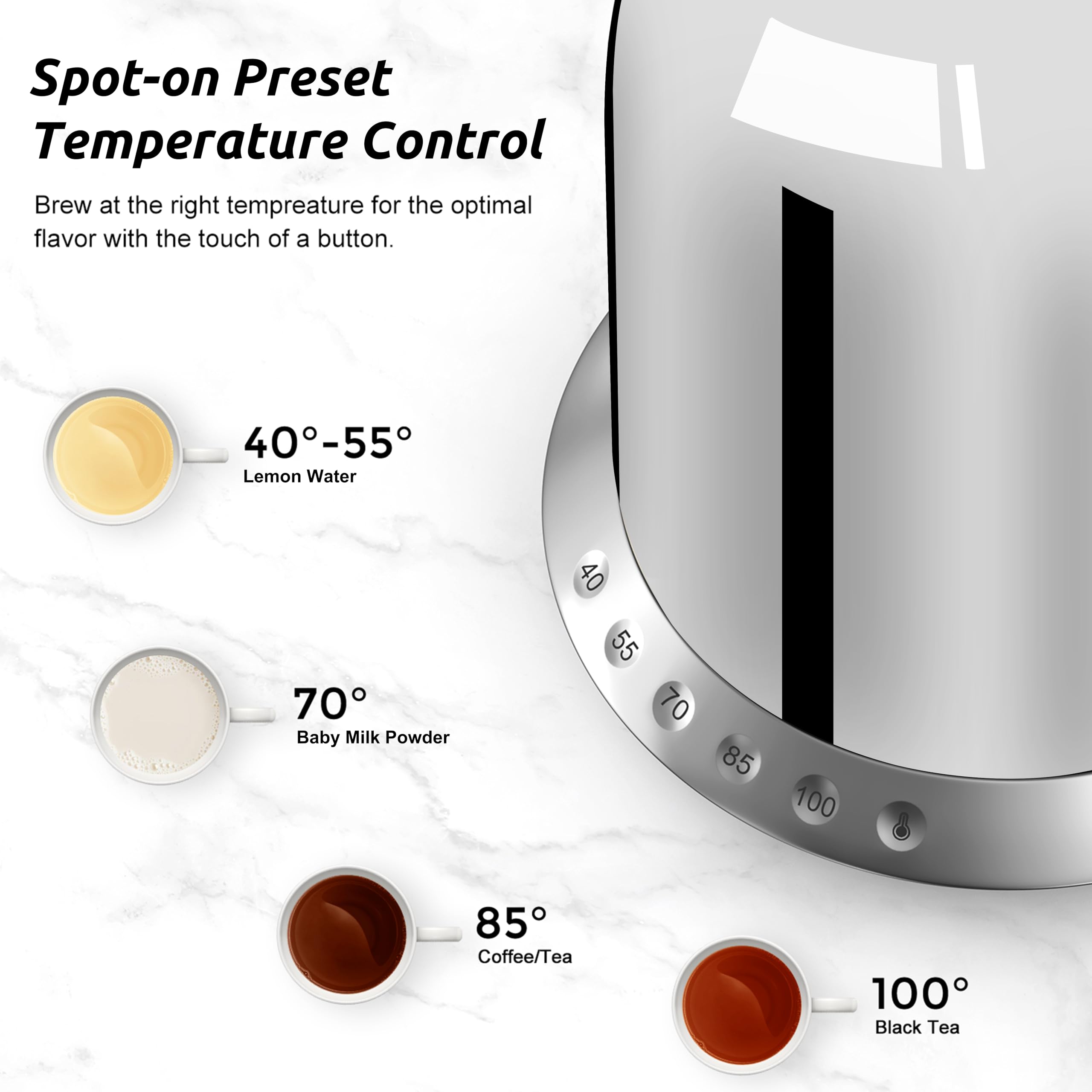 ASCOT Wasserkocher Edelstahl mit 5 variablen Voreinstellungen, Elektrischer Teekessel Kaffee Wasserkocher, 30Mins warm halten, 2200 Watt Schnellheizung, 1.5L