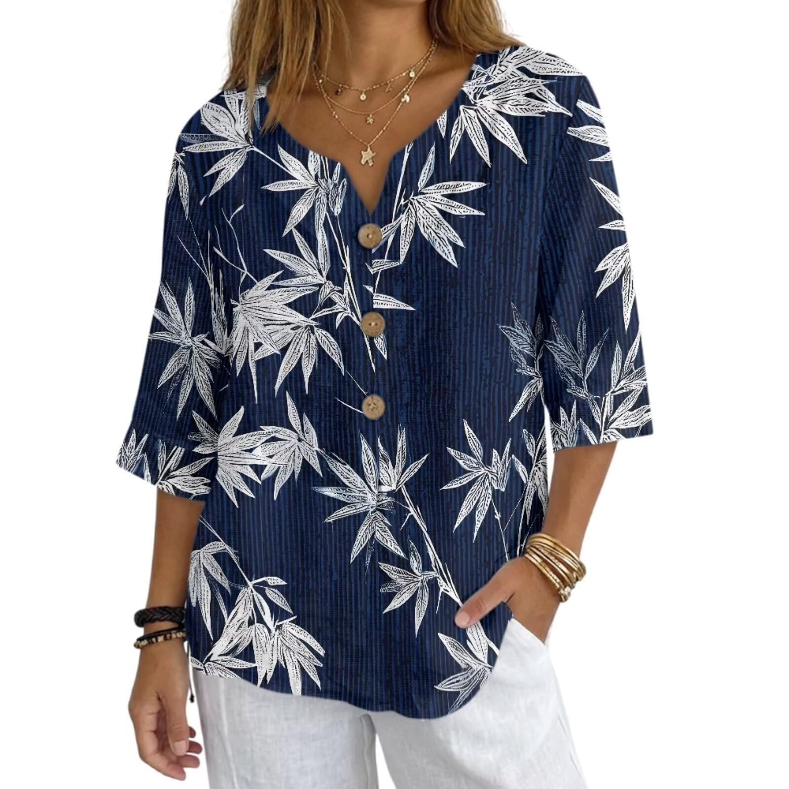 Women's V-Neck Tunic Top, Casual Polyester Linen Blouse with Decorative Buttons, Loose Fit Easy Care Everyday Wear