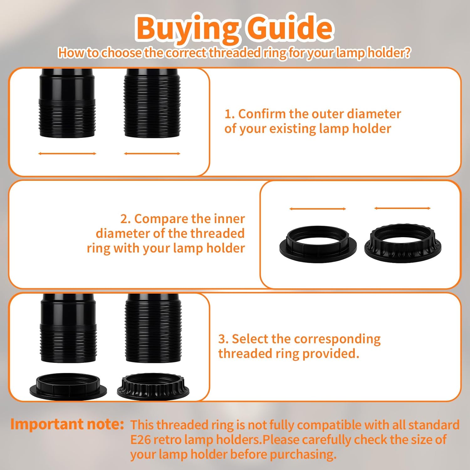 6 PCS E26 Lamp Shade Rings - E26 Light Socket Shade Rings Collar Ring, 2 Sizes Black Threaded Reducer Collar Ring 34mm (1-3/8") & 39mm (1-1/2") for Light Socket, Hanging Lamp Holder Parts