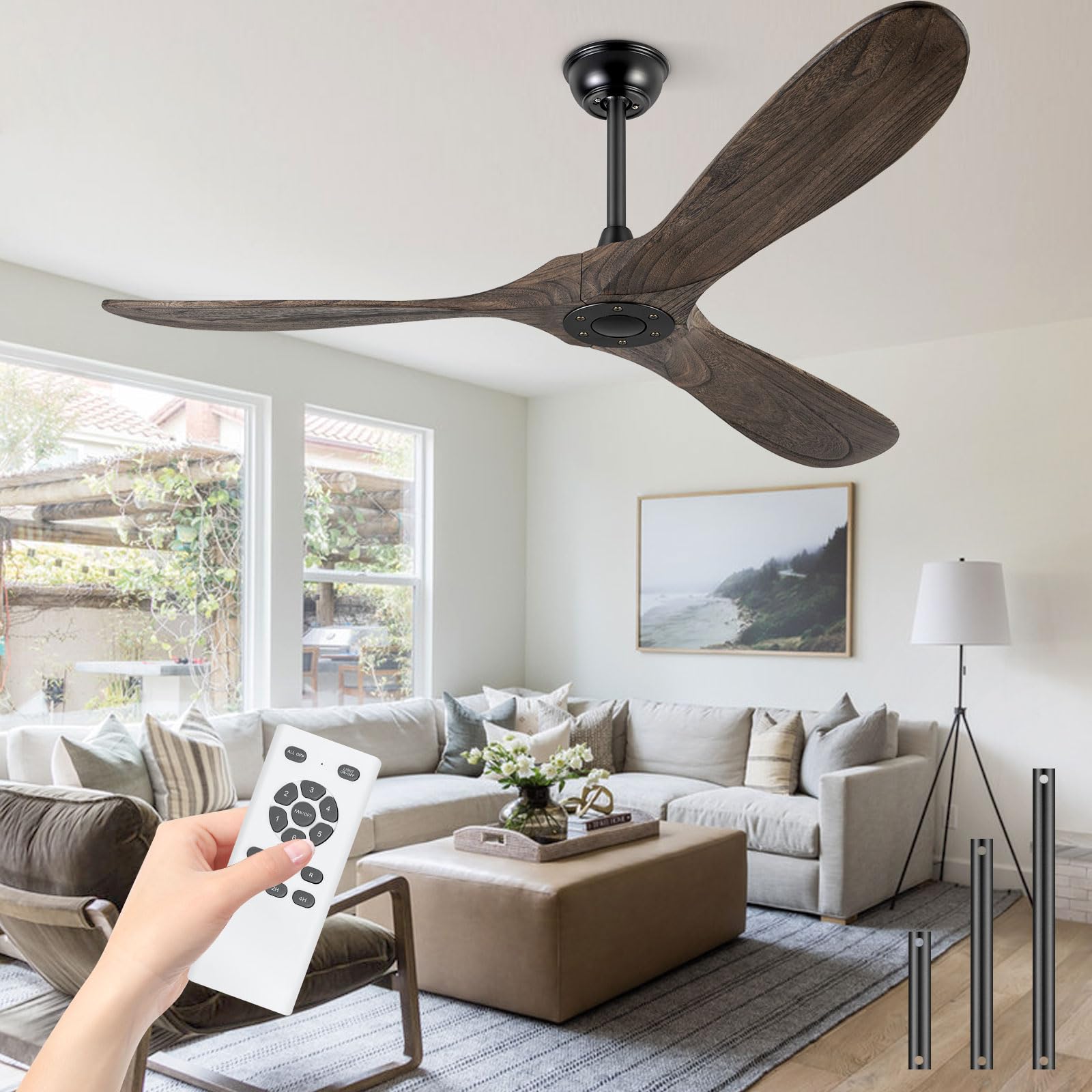 60 Inch Ceiling Fans With No Light, Solid Wood Ceiling Fan with Remote Control and Quiet DC Motor, No Light, Modern Ceiling Fan with 3 Blades, Outdoor Indoor Ceiling Fans for Patios-Deep Brown