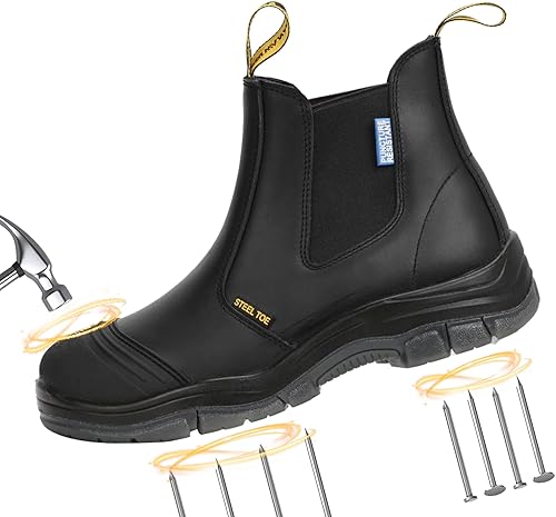 Miniatura 8 de Botas de trabajo para hombre, puntera de acero, resistentes a pinchazos, botas de seguridad de cuero Chelsea de meter, talla de EE. UU. 7-15