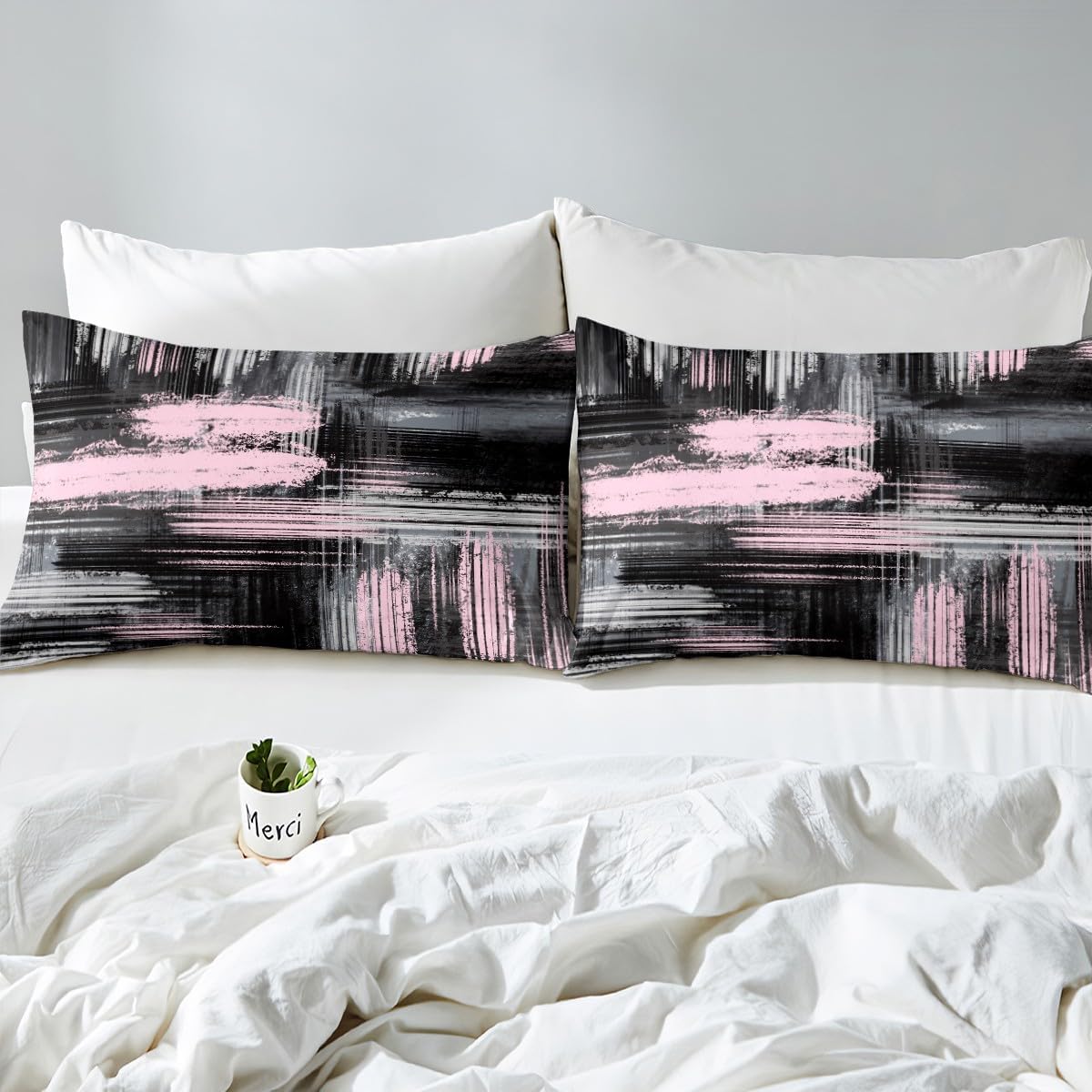 Abstract Pink and Black Sheets with Deep Pocket Fitted Sheet Queen, Geometric Artistic Smear Sheet Set Abstract Graffiti Art Bed Sheets Set Contemporary Modern Brush Design Bedding Set Queen Size