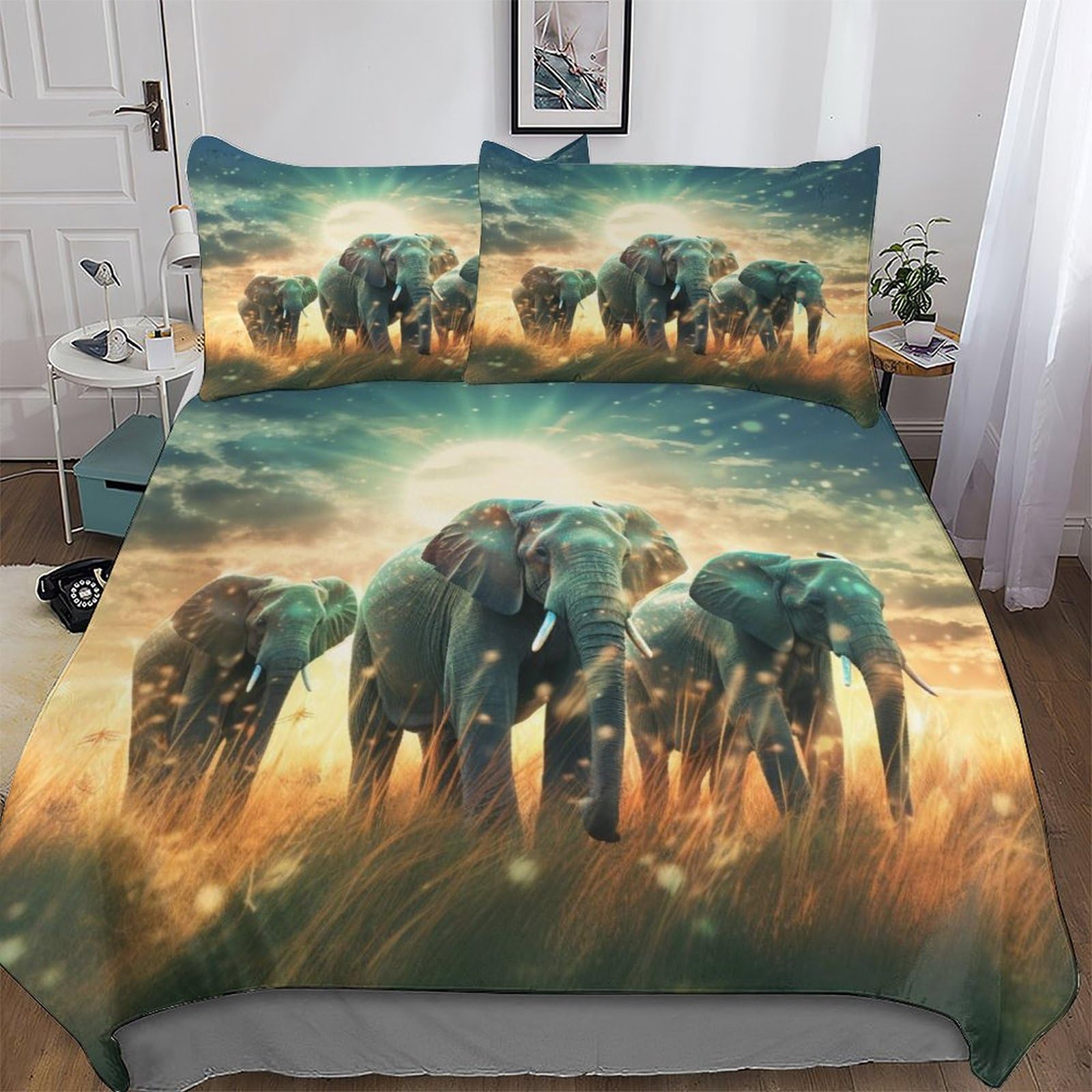 Parure de lit éléphants pour créer une ambiance d'évasion naturelle dans une chambre d'adulte