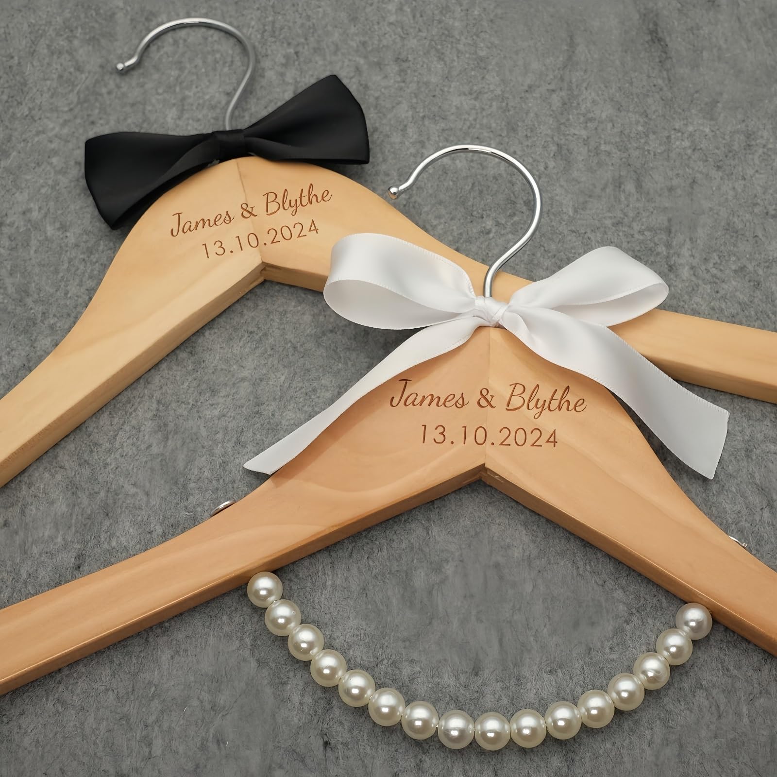 Meieg Black Personalised Wedding Hanger, Custom Wedding Dress Hanger, Engraved Wooden Clothes-Rack With Bride And Groom Names, Bridal Shower Gift(Black)