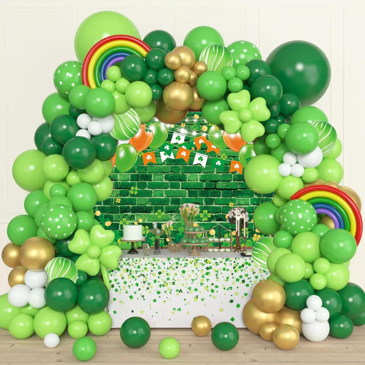 St. Patrick's Day Backdrop Green Brick Wall Lucky Irish Shamrock Clove Gold Coins Photography Background Kids Adults Baby Shower Spring Party Decorations Banner Photo Props (10x8FT)