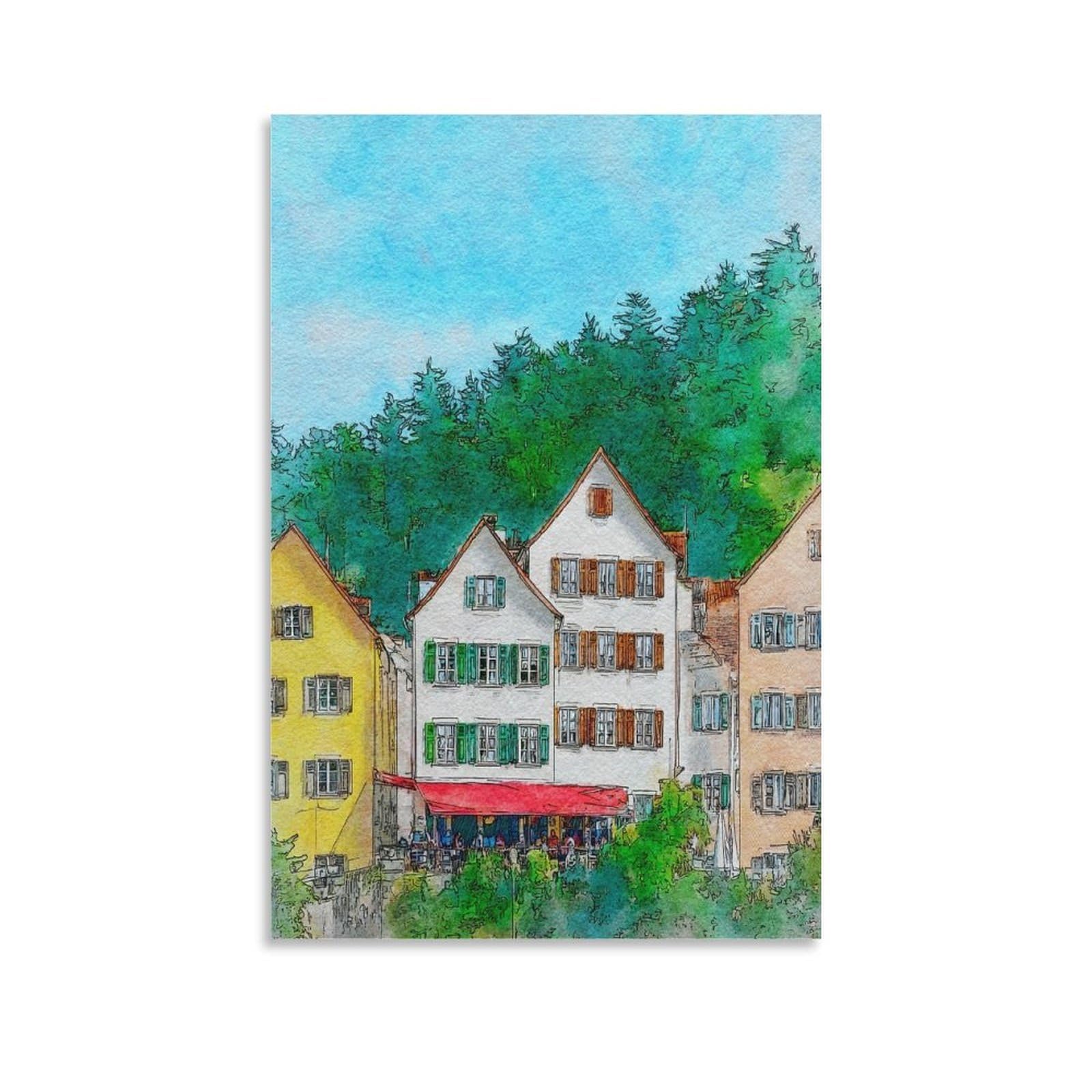 Cnaheiz Unframe-Style Tubingen Germany 24X36inch(60X90cm) Vintage Travel Poster Watercolor Canvas Art