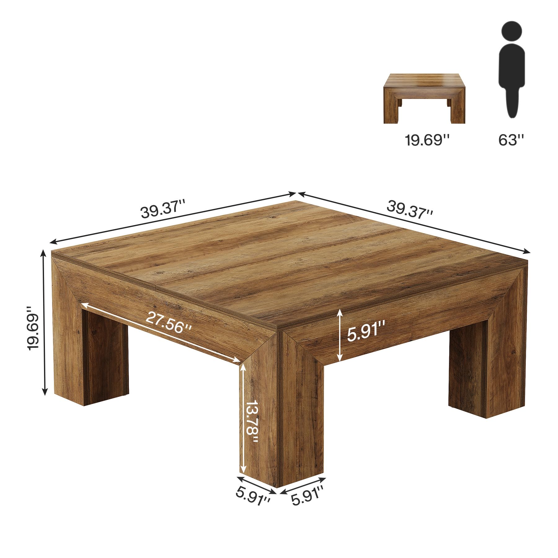 Tribesigns Tavolino da Salotto, Quadrato Tavolino da Caffè, Tavolino con Robusti Piedini in Legno, Tavolo Centrale per Soggiorno per Divano e Camera da Letto, 100 x 100 x 50 cm, Marrone Rustico
