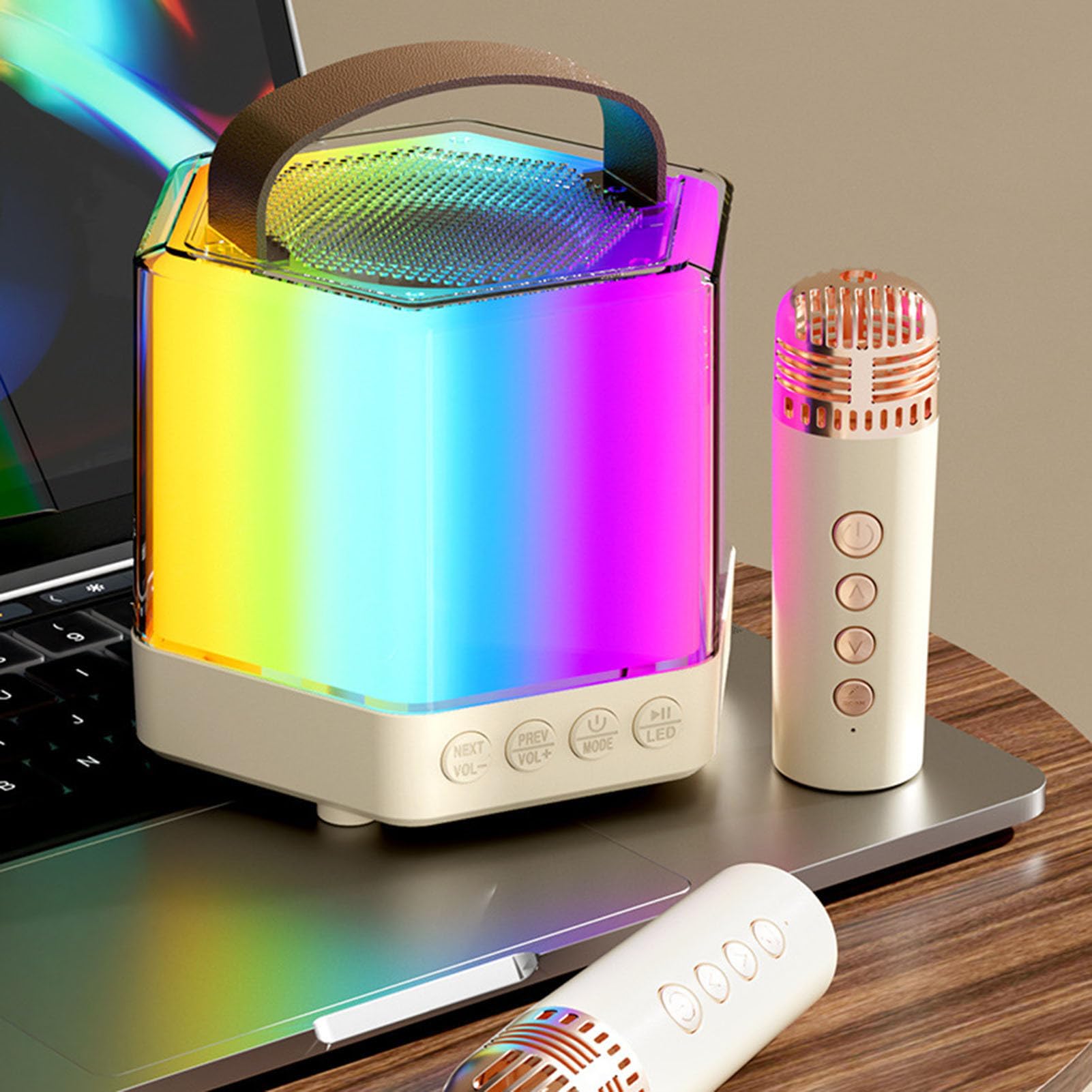 Maszyna do karaoke z 2 mikrofonami – zestaw mikrofonów i głośników | Oświetlenie RGB 2 bezprzewodowe mikrofony, zestaw głośników karaoke dla lepszej atmosfery imprezowej