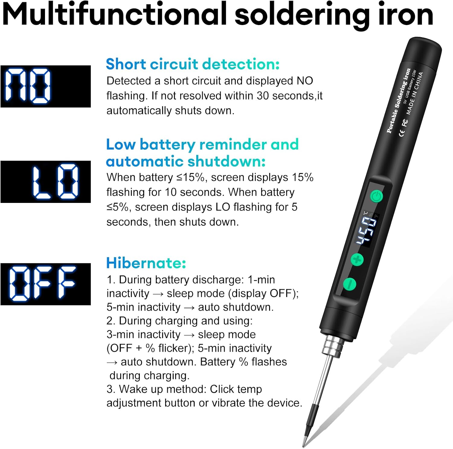 Image detailing multifunctional features including short circuit detection ('NO' flashing), low battery reminder ('LO' flashing), and sleep/auto-shutdown modes ('OFF').