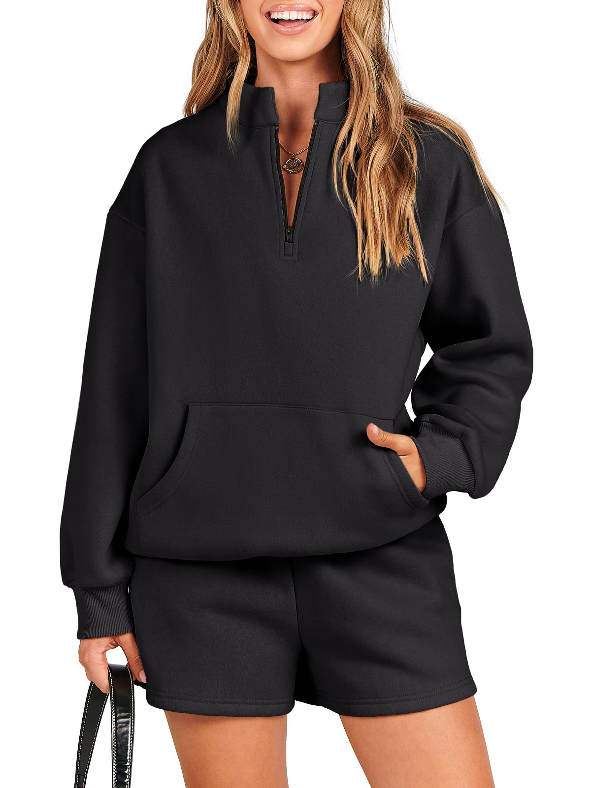 ANRABESS Women 2 Piece Outfits Fall Clothes Set Sweatsuit Oversized Half Zip Fleece Sweatshirt Casual Short Set Lounge Wear Tracksuit Set 2023 Trendy Sweat Set 1030heise-M, Black (ANRA)