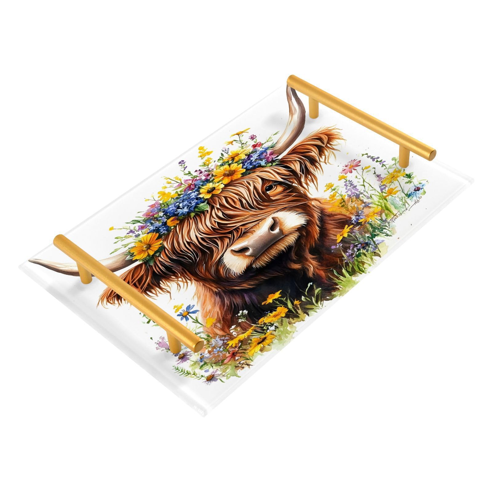 BOESI Doodle Yak and Flower Tray, Tray with Handles, Countertop Organizer, Decorative