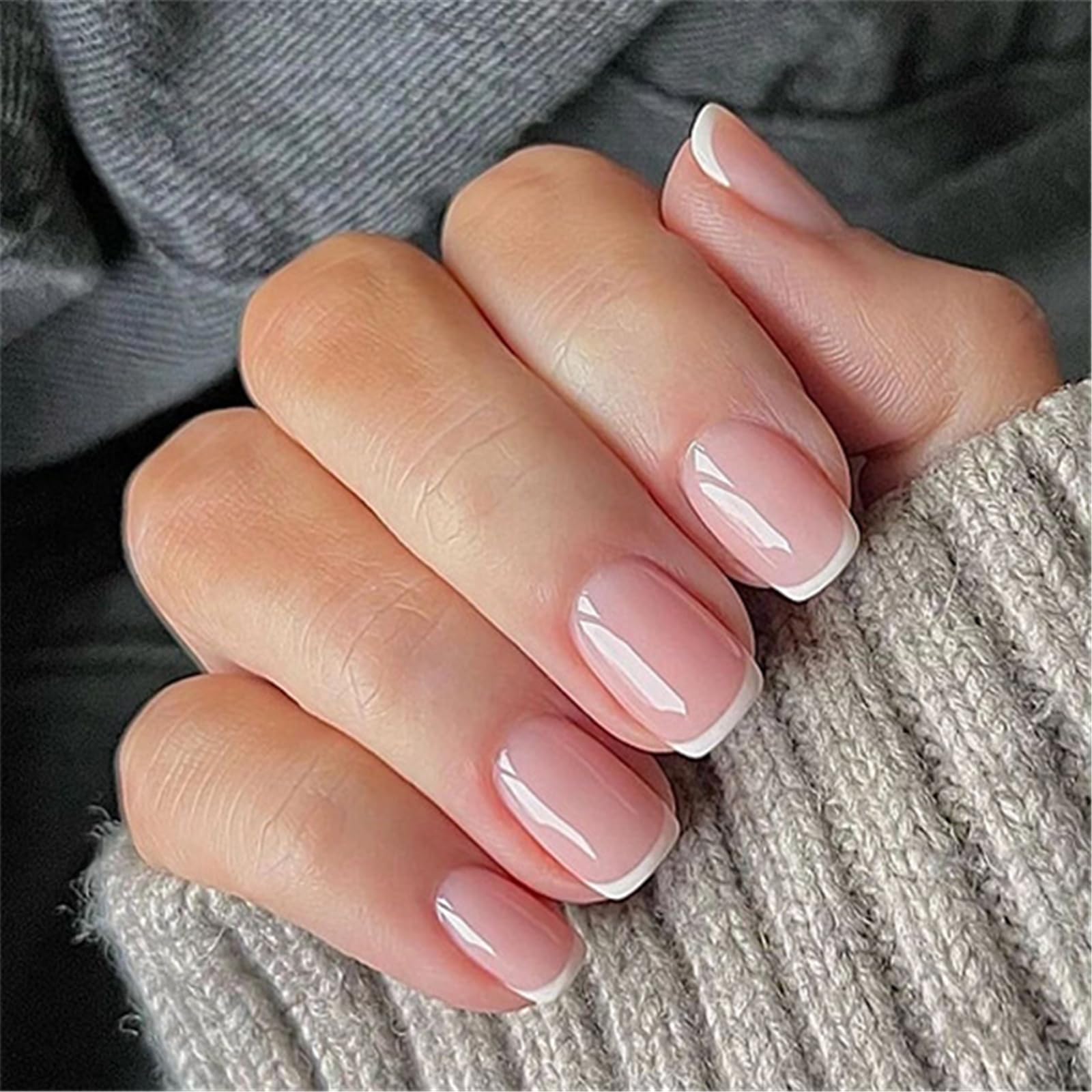 Maxtonser 24pcs Short Square Glossy French Tip Stick on Nails Acrylic False Nails Manicure for Women and Girls