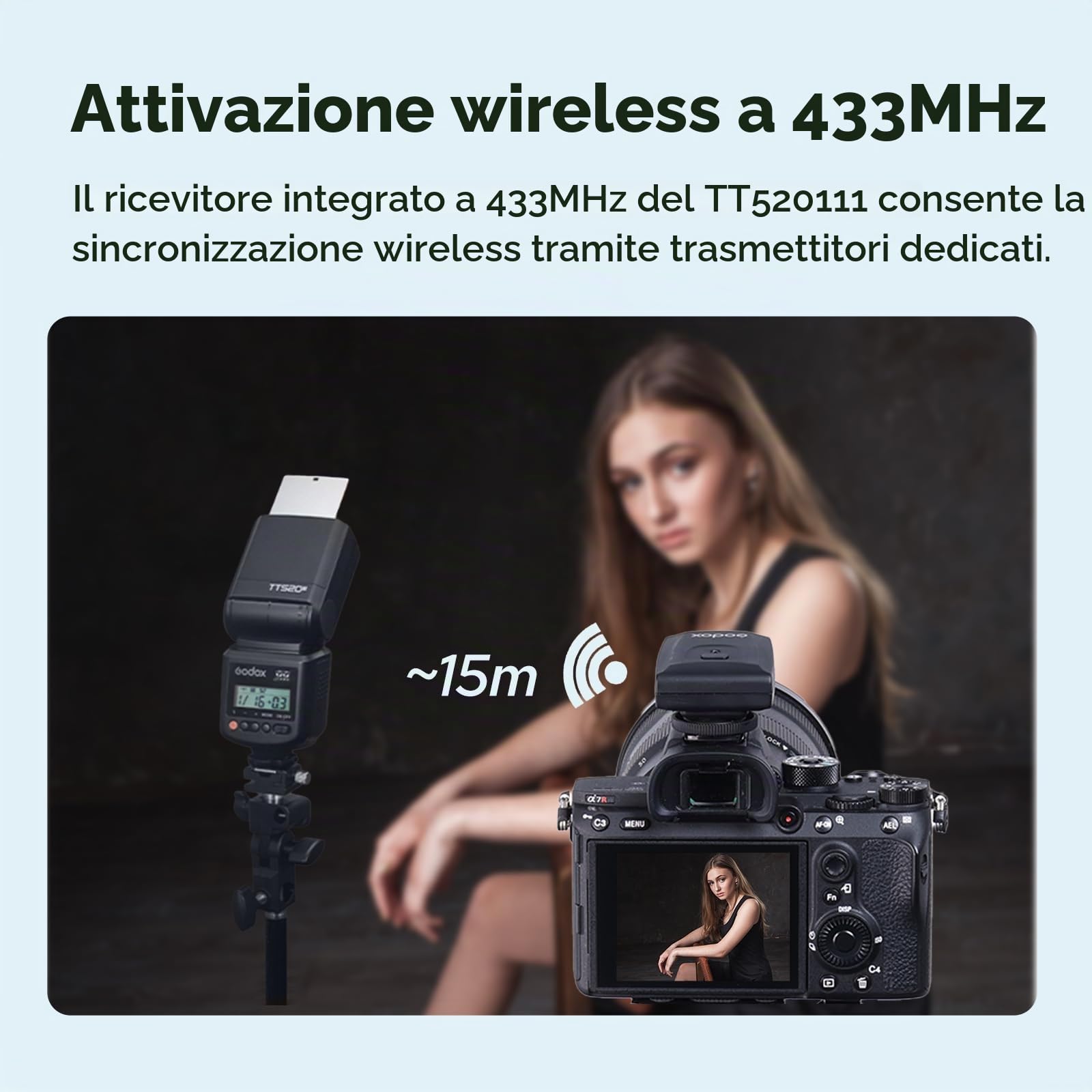Godox TT520III Camera Flash Speedlite con Trasmettitore RT, 433MHz Triggering Wireless, 1.8s Tempo di Riciclo, GN33 On-Camera Speedlight per Canon Sony Nikon Fujifilm Olympus Fotocamera | Triggering Wireless 433MHz, 1,8s Tempo di Riciclo, GN33, con Trasme