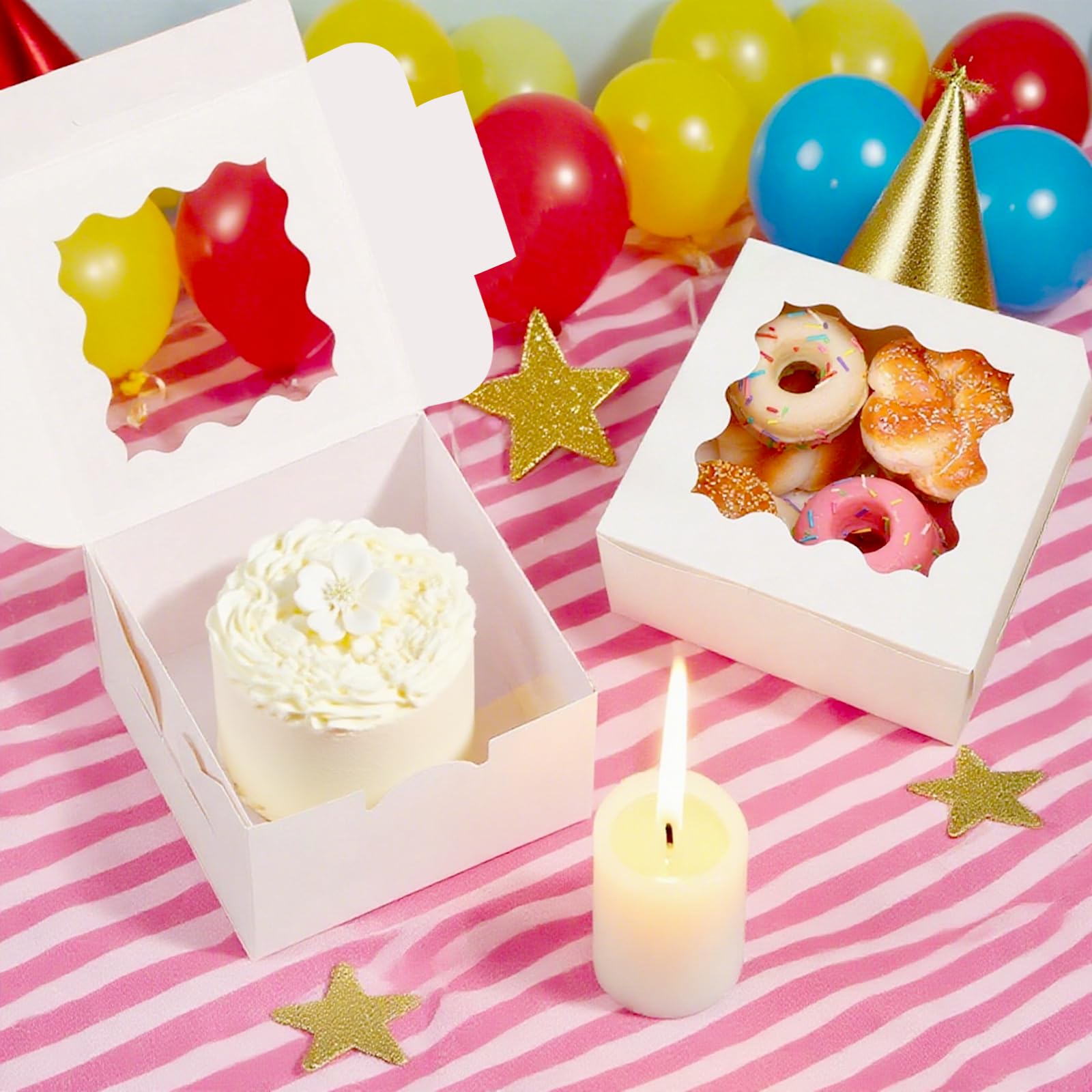 LTWQLing 50pcs White Cookie Boxes,4x4x2.5 Inches Bakery Boxes with Window,with Stickers, for Mini Cake Treat Dessert Pastry Donuts Macaroon Strawberries Chocolate Candy