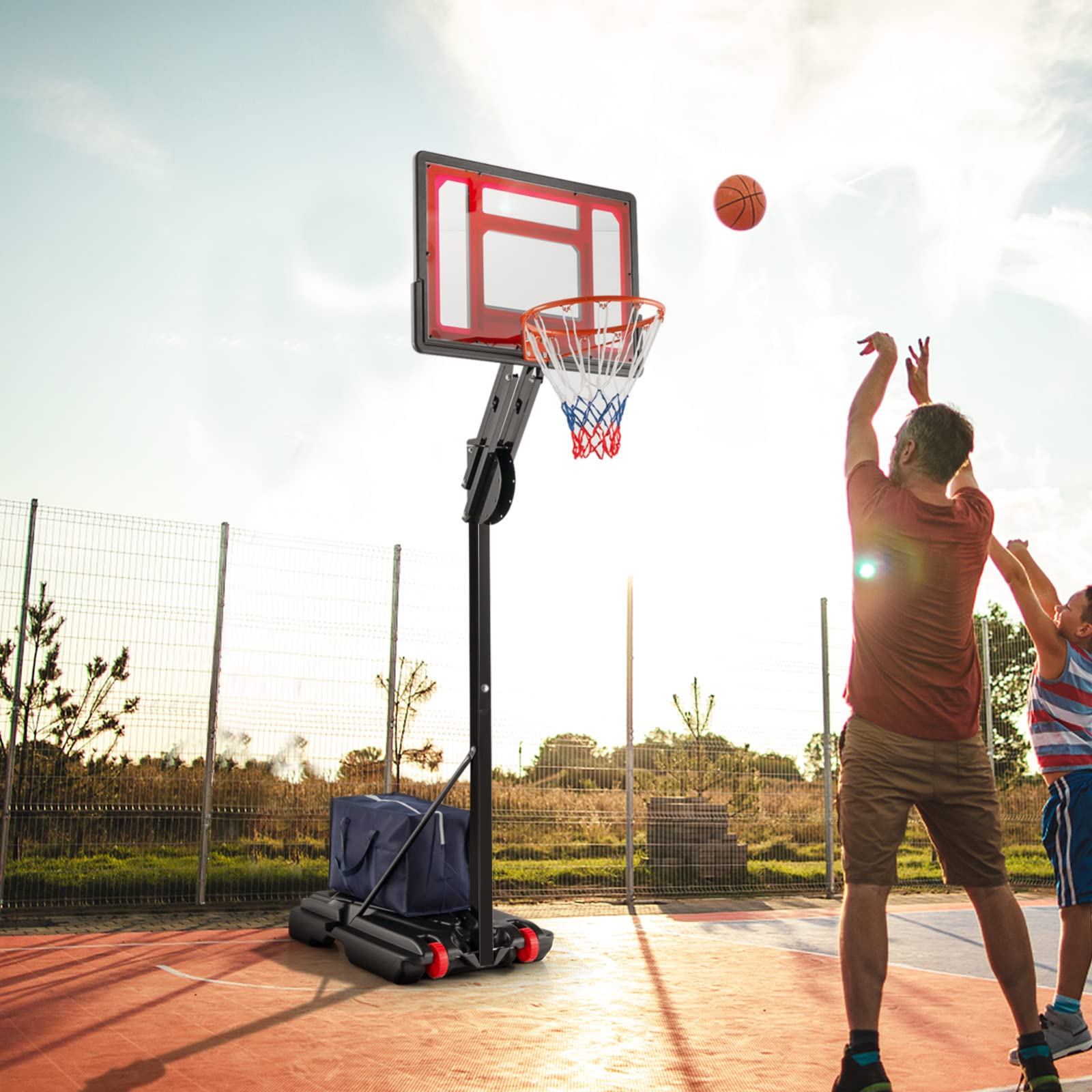 COSTWAY Canestro da Basket da Esterno ed Interno, Canestro da Basket Regolabile a 10 Livelli e Portatile, con Tabellone da 82cm, 2 Ruote e Borsa, per Tutte le Condizioni Atmosferiche