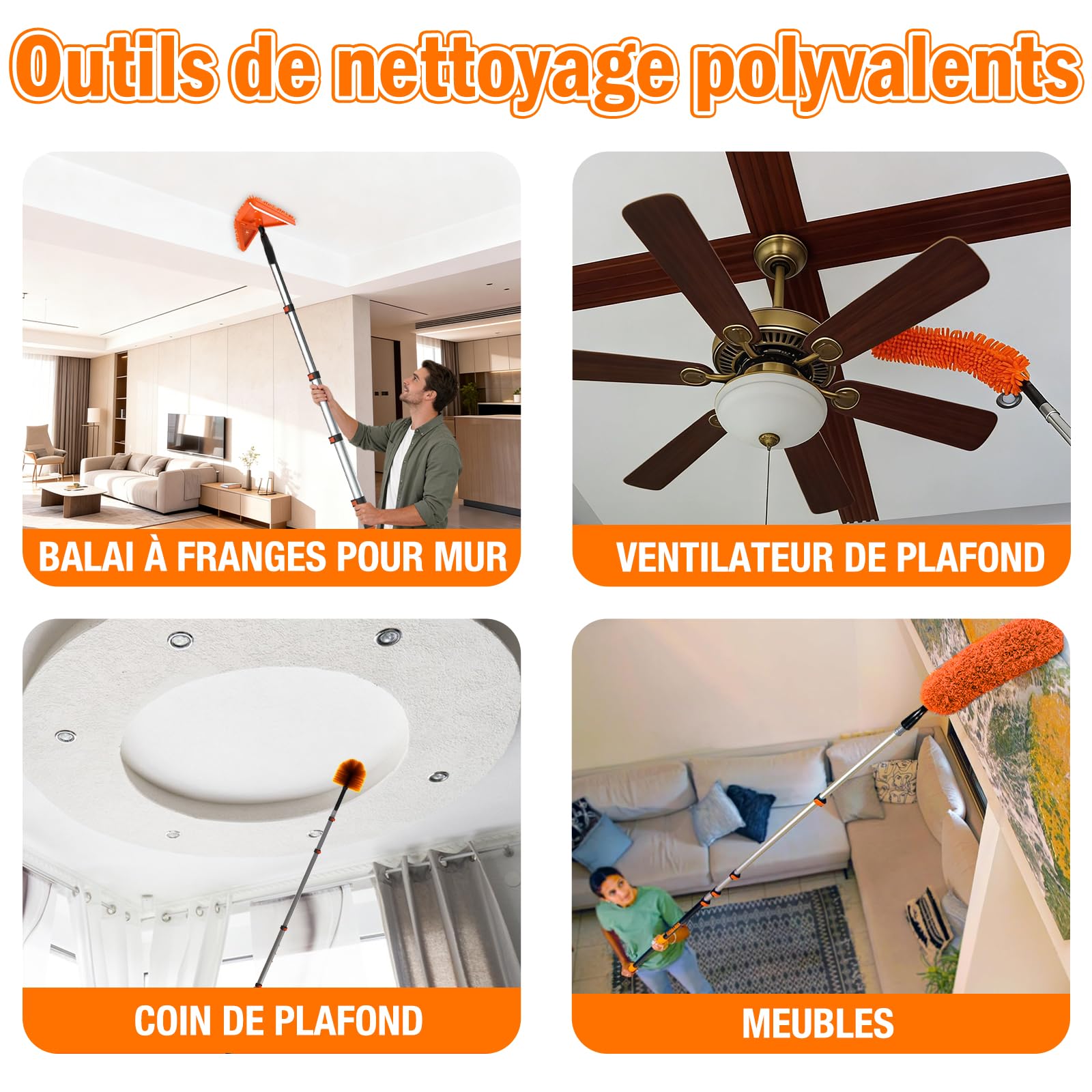 LAANPOLE Plumeau Poussiere avec 6m Perche Telescopique, Nettoyeur de Murs et Plafond, Tete de Loup de Ventilateur de Plafond, 2-en-1 Raclette Vitre Professionnel