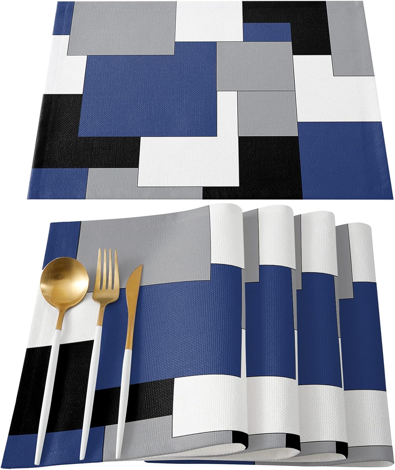 Linen Placemats Set of 6, Abstract Artistic Color Block Navy Blue Black and Gray Placemats for Dining Table, Home Decor Spill Proof Washable Heatproof Table Mats for Kitchen Table, Easy to Clean