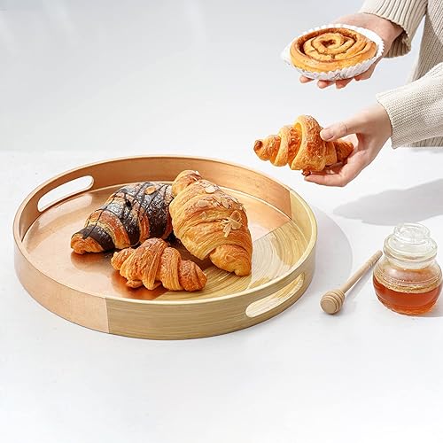 Miniatura 3 de Bandeja de bambú hilado de 13.78 pulgadas de diámetro, bandeja redonda con asas, bandeja otomana redonda, semi azul para mesa de café, servir comida