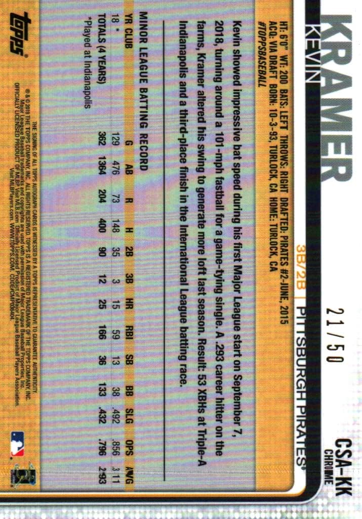 Kevin Kramer Autographed & Serial Numbered 21/50 Topps Chrome Green Sapphire Rookie Card Collectible Baseball Card - 2019 Topps Chrome Rookie Baseball Card #CSA-KK (Pirates) Free Shipping & Tracking