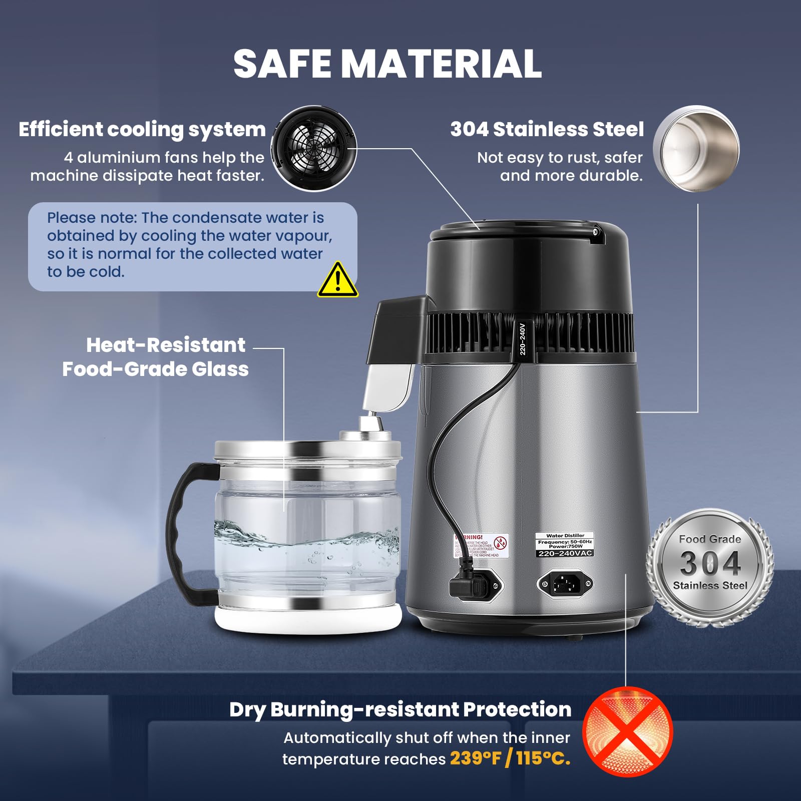 Hanchen Destilador de Agua 4L Acero Inoxidable Purificador de Agua con Jarra de Vidrio 1L/H Máquina de Agua Destilada para Hogares Laboratorios Industrias Jarra de Vidrio (Gris)