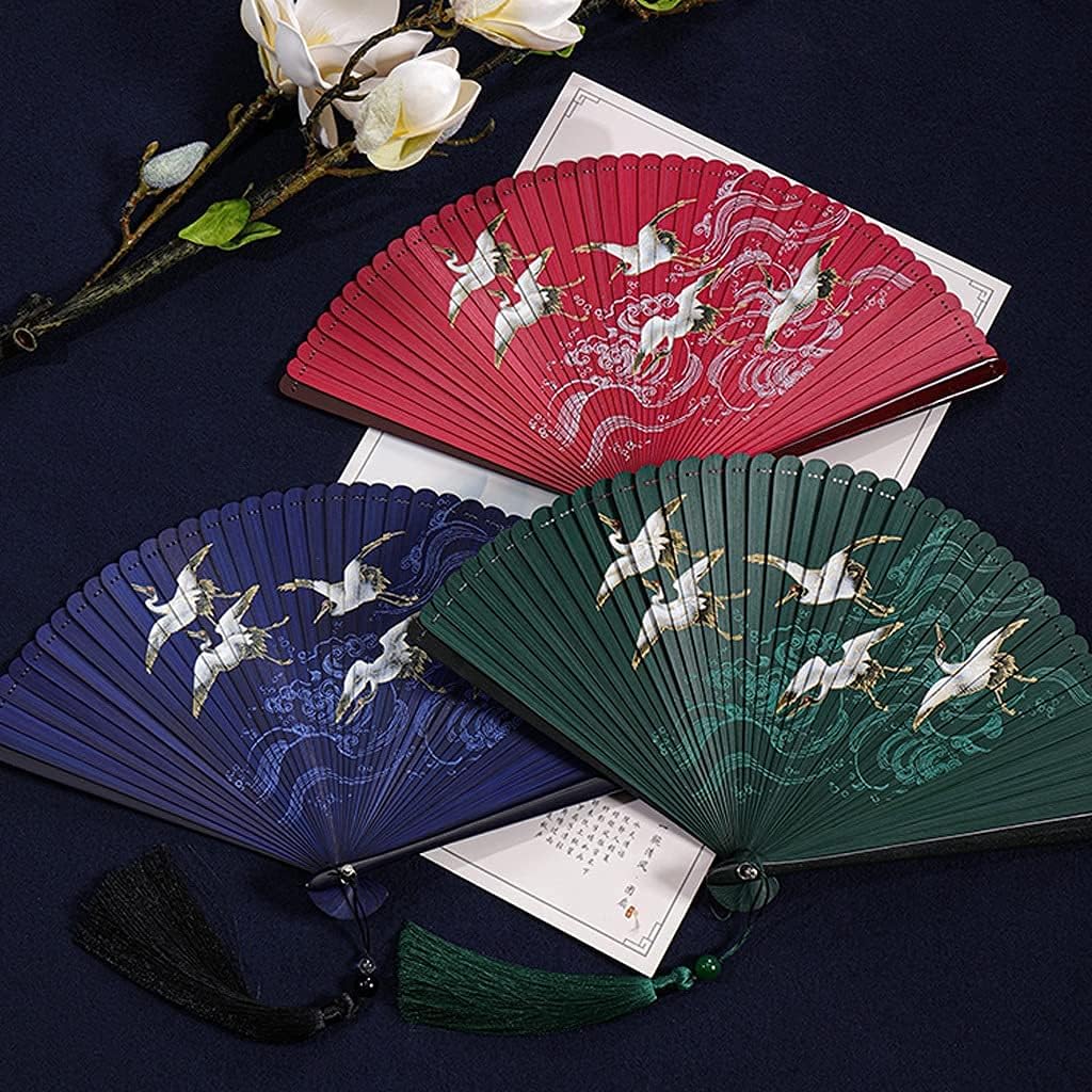 扇子 中国風 竹 扇子 レディース クラフト 鶴 扇子 ギフト クラフト タッセル 扇子 ホームセレモニー 装飾 扇子 (カラー: