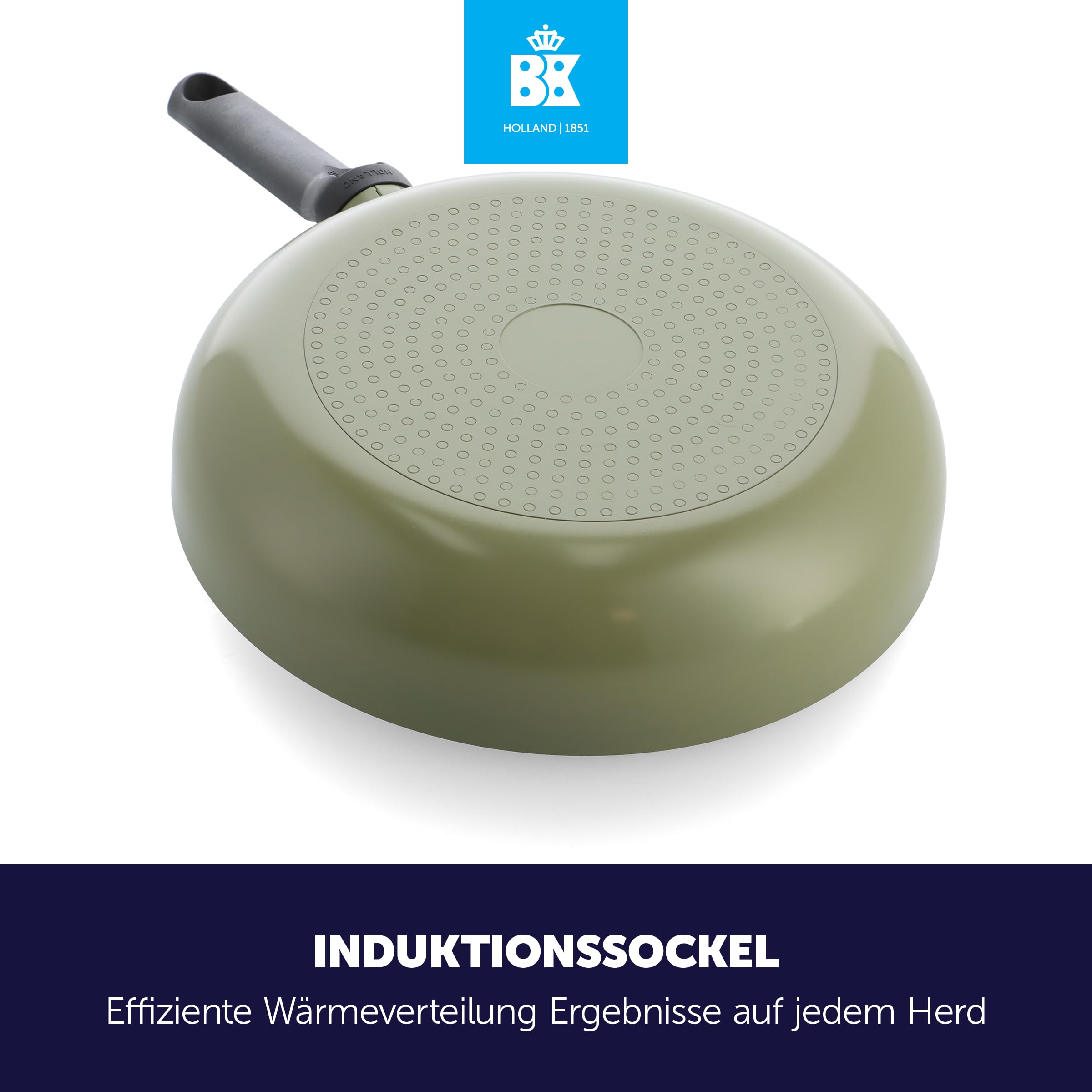 BK Enjoy - Padella antiaderente in ceramica con coperchio, Ø 28 cm/3,4 l, senza PFAS, adatta al forno fino a 160 °C, lavabile in lavastoviglie, riscaldamento rapido, manici freddi, verde oliva