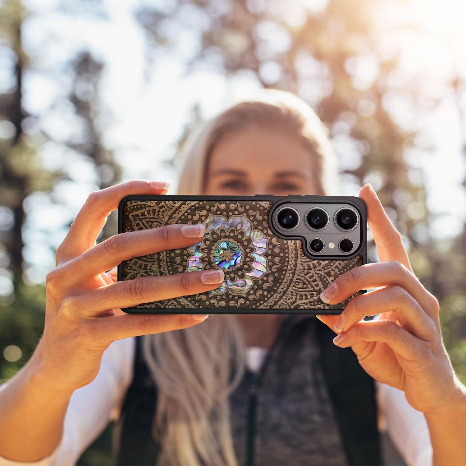 Carveit Magnetic Wooden Case for Samsung Galaxy S26 Ultra Case, Wood Artisan Engraved & Handmade Shell Inlaid, Compatible with MagSafe Wireless Chargers (Mandala Pattern) Walnut