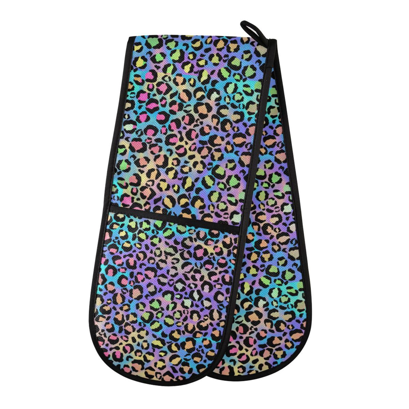 Double Oven Gloves Heat Resistant Colorful Leopard Print Double Oven Mitts Pot Holder Heat Protection Oven Gloves for Home Kitchen Baking Cooking BBQ Microwave
