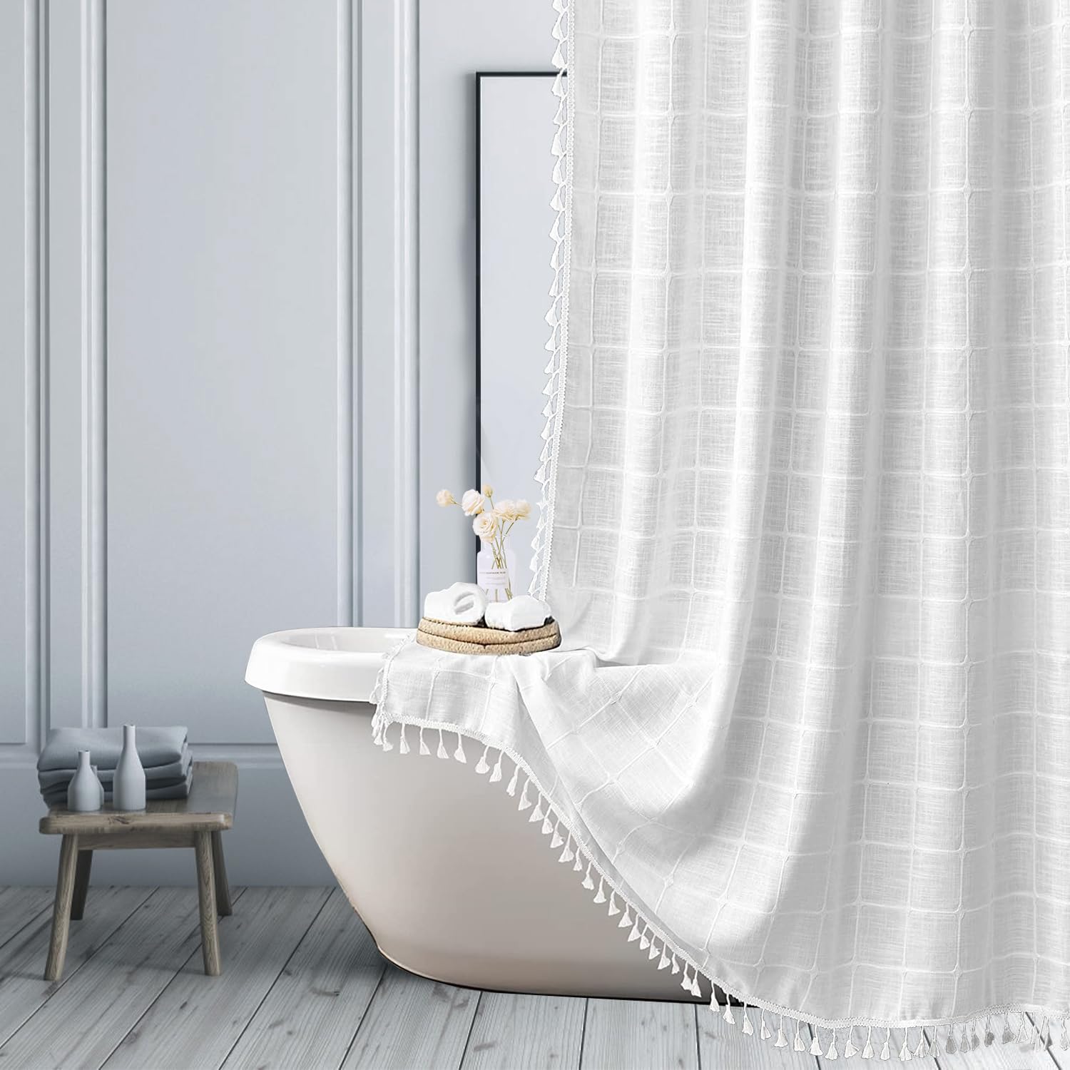 White Striped Farmhouse Shower Curtain Boho Plaid Fabric Shower Curtains for Bathroom, Country Heavy Duty Thick Bathroom Curtain Set with Tassel -