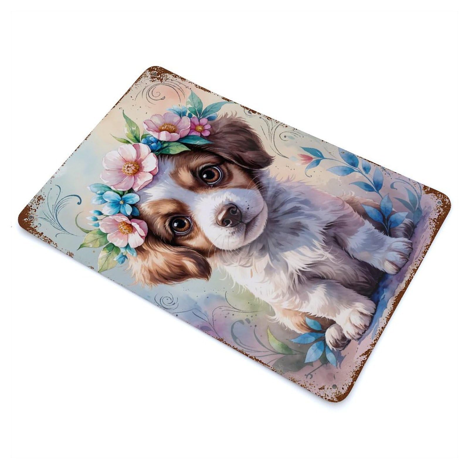 Puppy with Flower Crown Watercolor 11.8"x7.9" Rusty Metal Tin Sign, Shabby Chic Decor for Bistro, Counter And Cafe Decor
