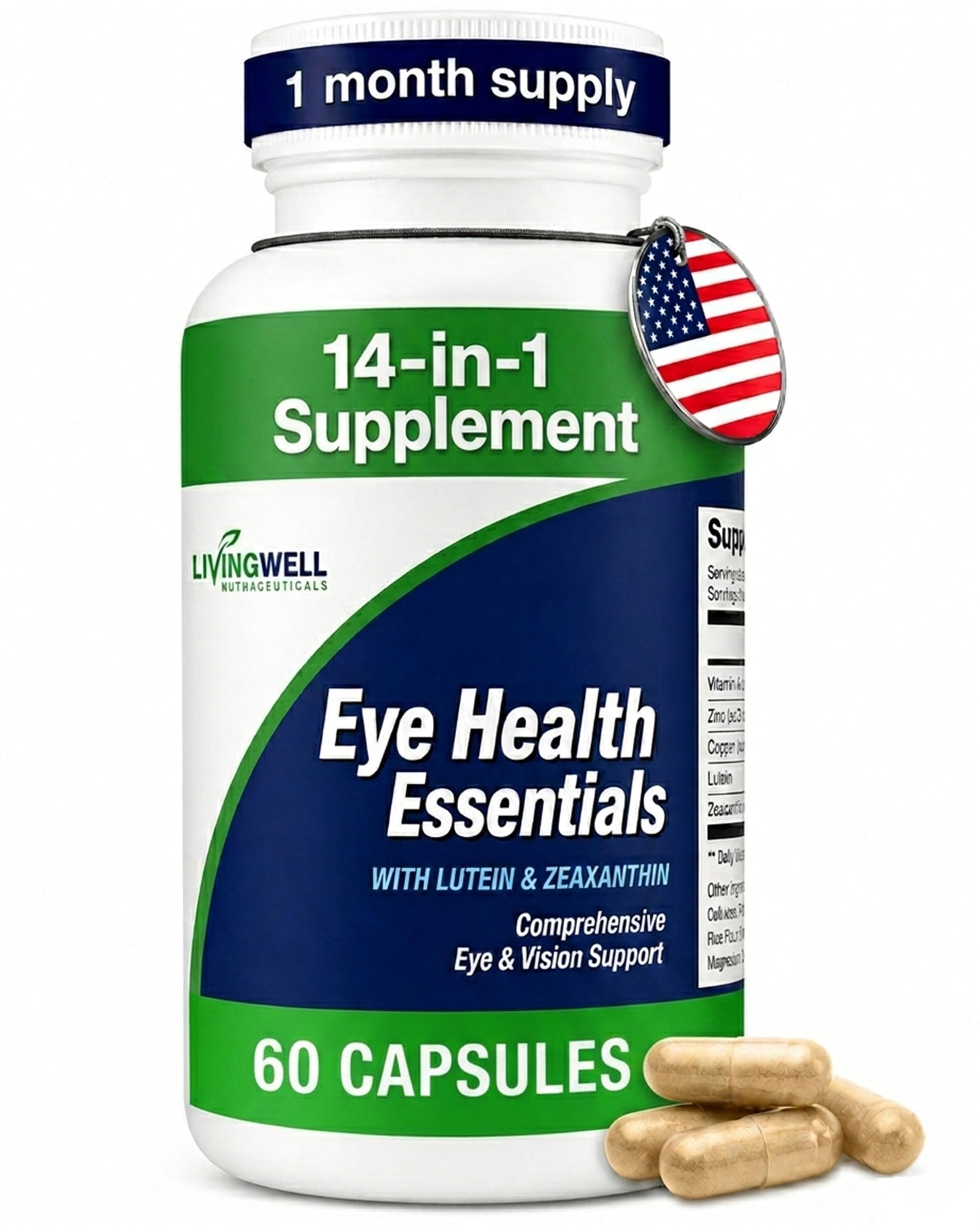 14-in-1 Eye Vitamins for Seniors & Adults – Lutein & Zeaxanthin Supplements with Astaxanthin, Zinc, Copper, Riboflavin for Vision, Black Currant Extract – 60 Capsules