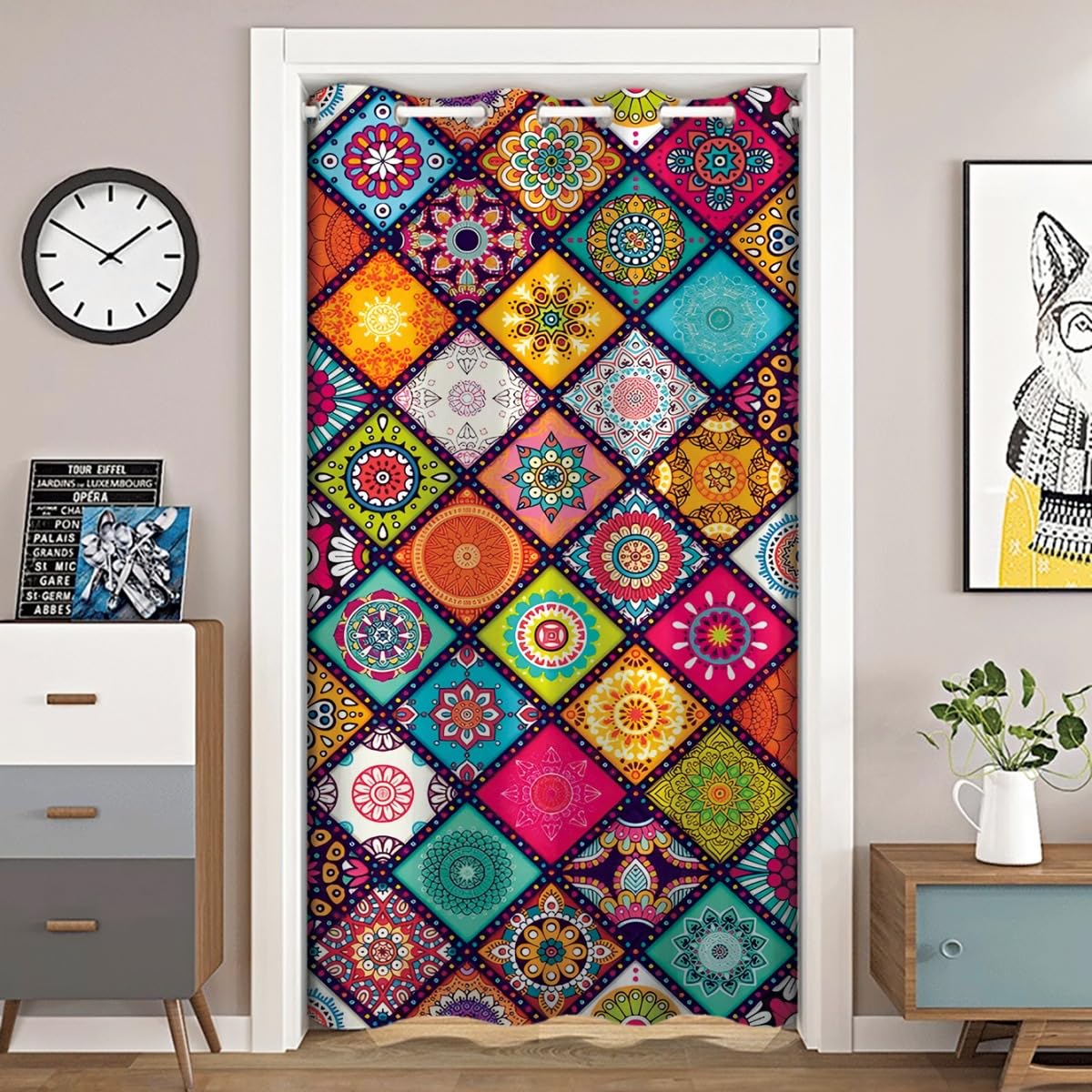 Tenda oscurante per porta, stile mandala, stile bohémien, floreale, in poliestere, tenda oscurante con tasca per bastone, divisorio per la privacy, per soggiorno, camera da letto e balcone
