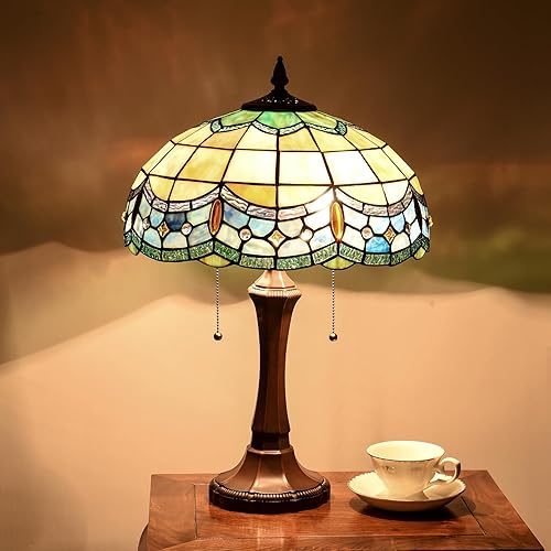 Miniatura 2 de Tiffany - Lámpara de mesa con vitrales, estilo victoriano, lámpara de noche azul barroco, luz de escritorio de lectura, 16 x 16 x 23 pulgadas,