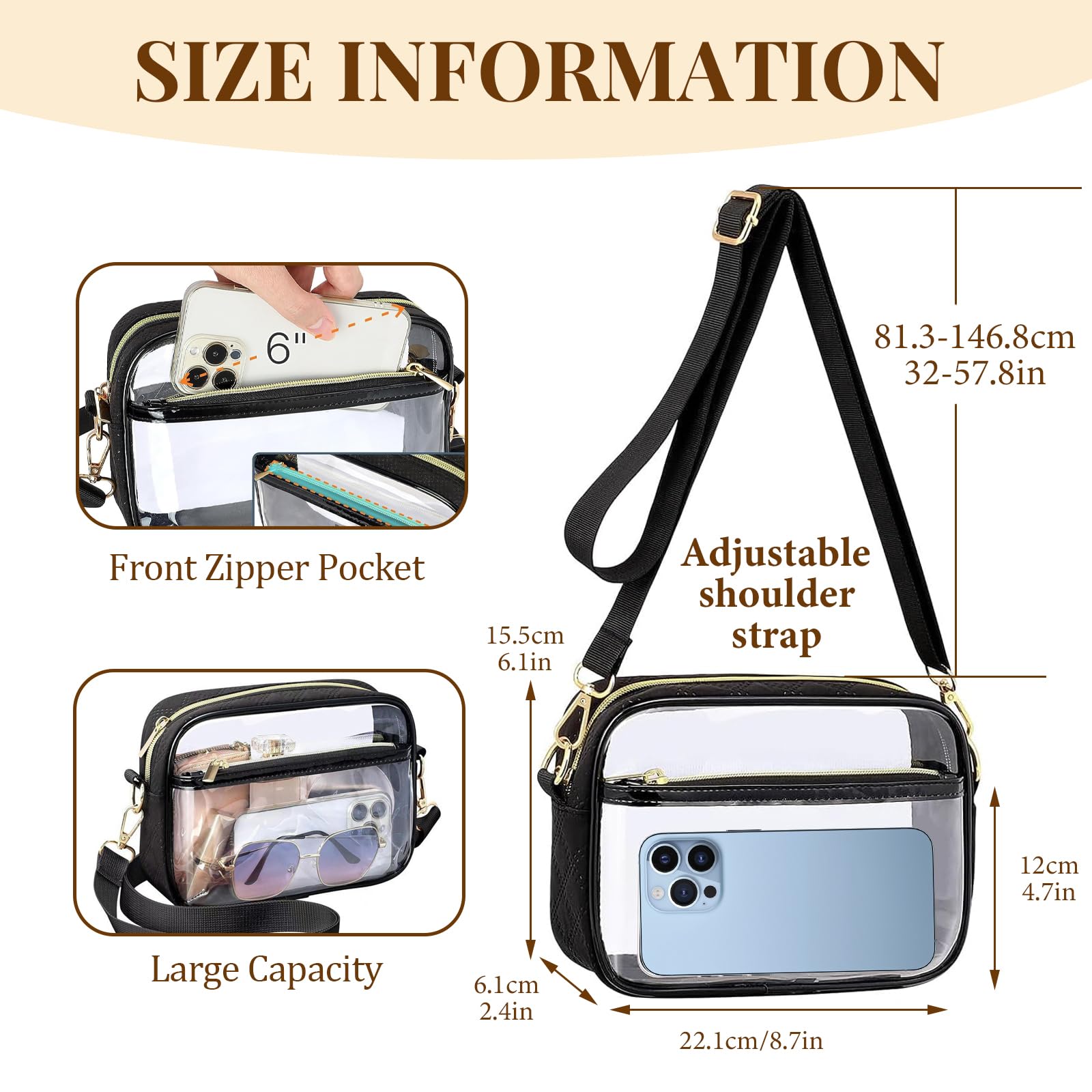 Durchsichtige Umhängetasche, PVC Transparente Tasche Damen Crossbody Schultertasche Wasserdichte Sling Bag mit Verstellbarem Gurt für Konzerte Sportveranstaltungen Shopping Wandern