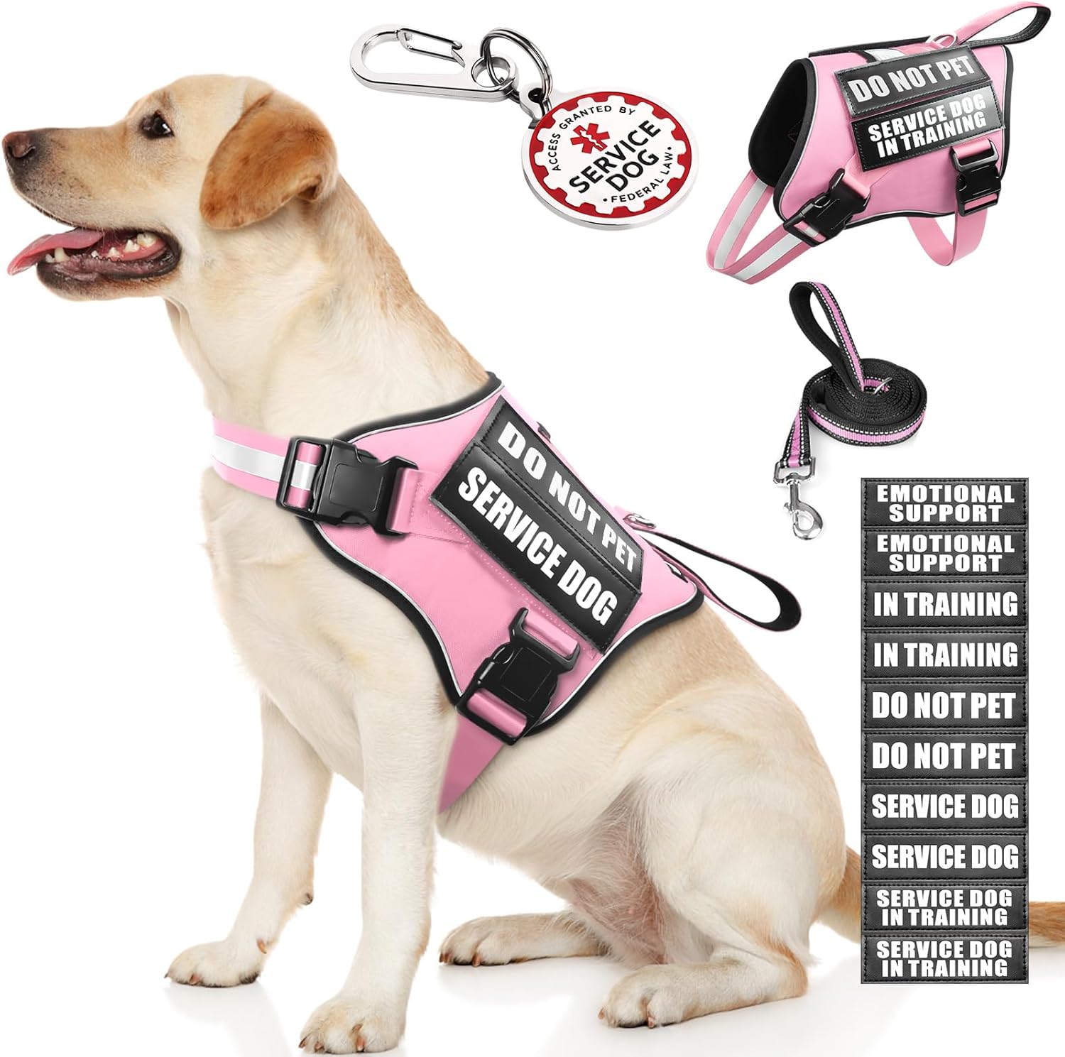 Service Dog Vest+Dog Leash+10 Dog Patches+Service Dog Tag Pink M