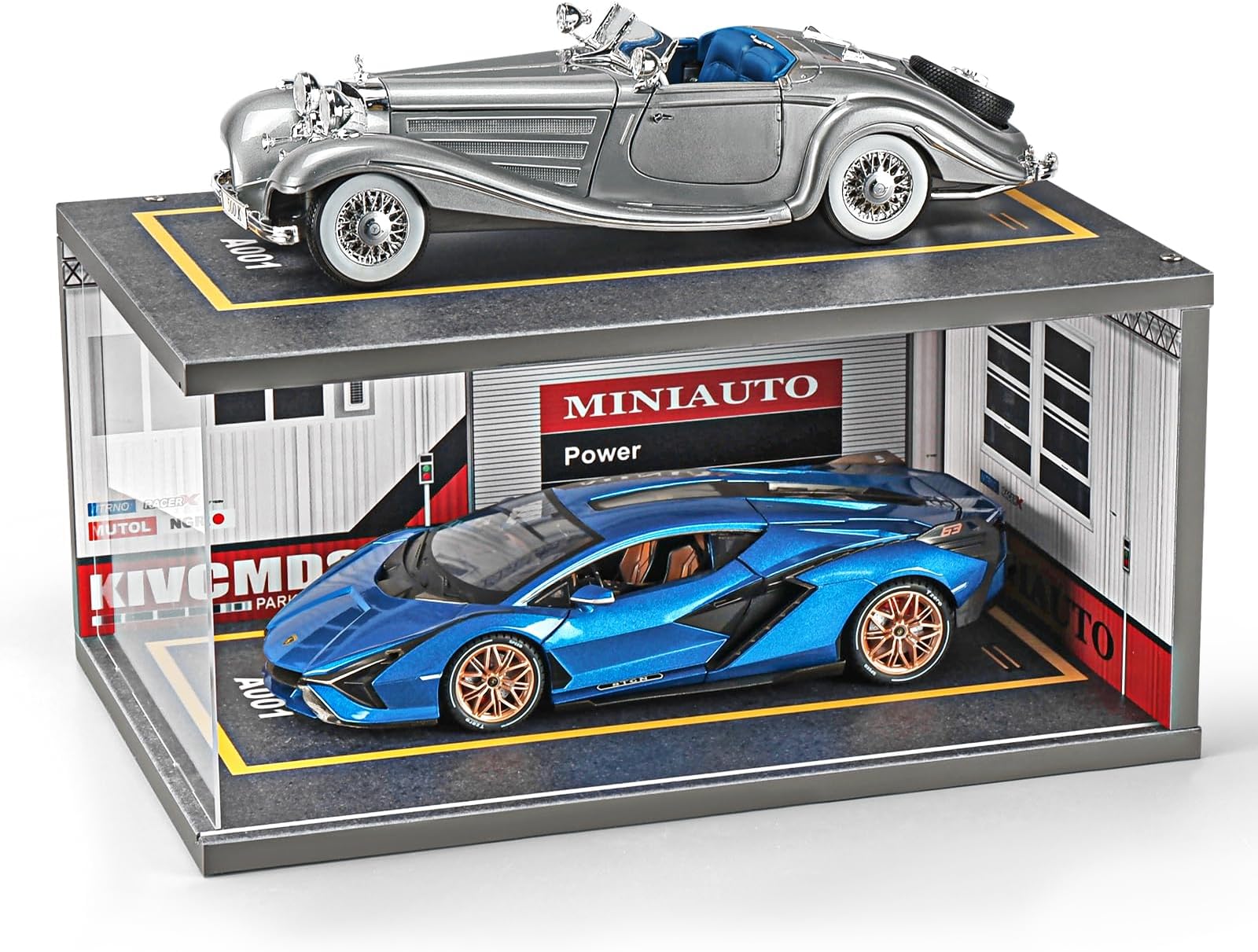 1:18 Scale Diecast Model Car Display Case Cabinet with USB Lights，Diorama Garage for Sport Cars and Lego Speed Champions Car Collectibles，Die-cast car Parking lot with Scenes