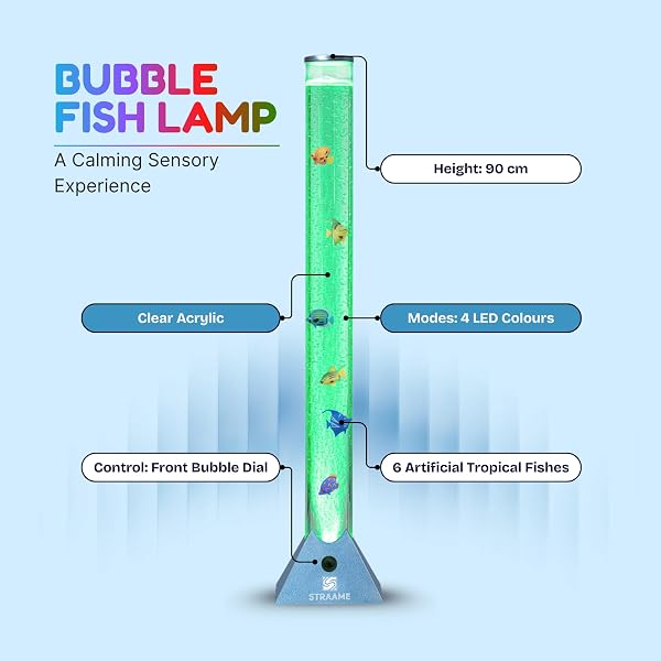 Straame 90cm Bubble Fish Lamp, Colour Changing LED Light, Sensory Room Decor & Mood Lamp, Includes Artificial Tropical Fish, Adjustable Bubble Tube, Plug-in Power, Blue Base - 2