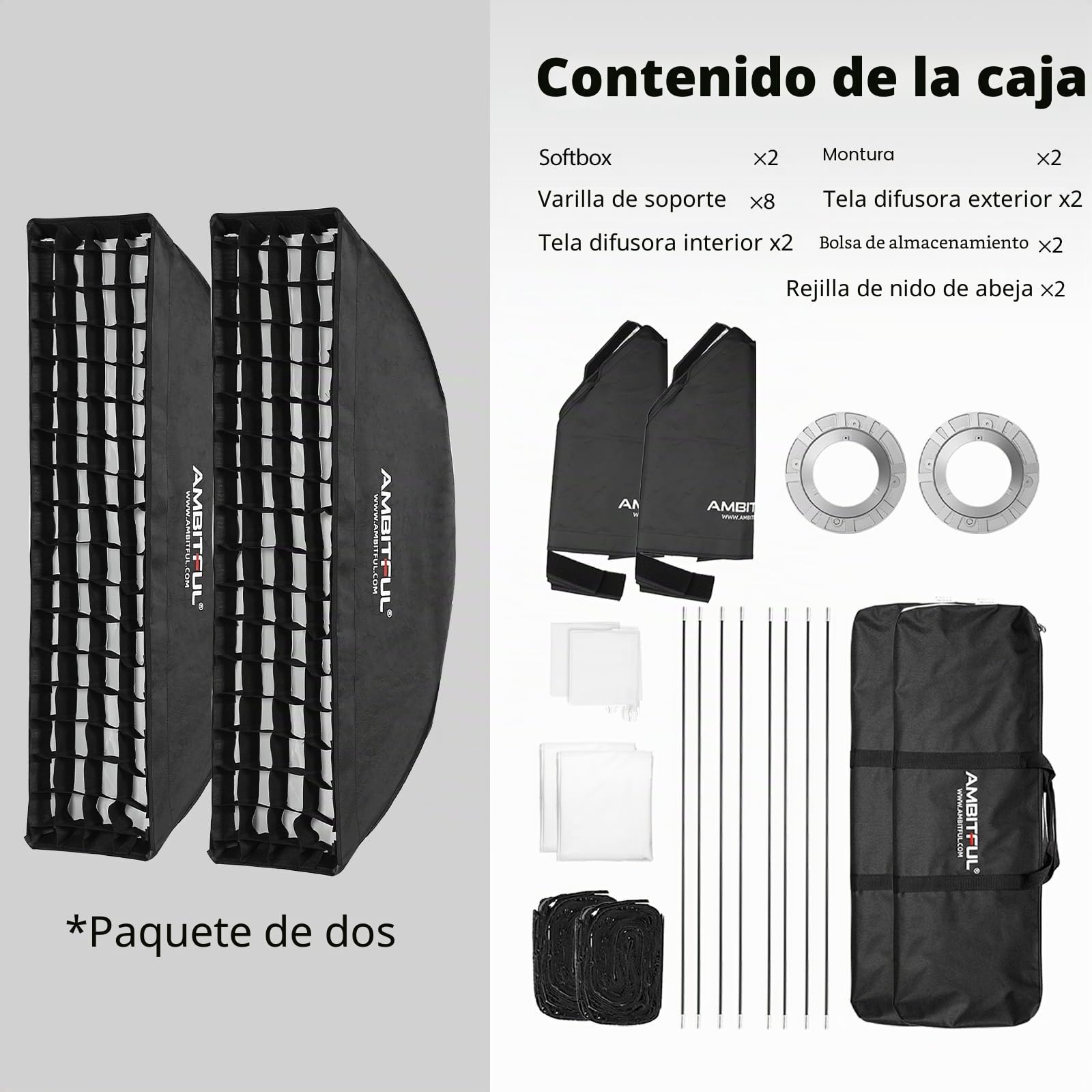 AMBITFUL 2 Tiras de Rejilla de Panal de Abeja FW30X120 de 30 x 120 cm, Montaje Bowens para Flash de Estudio