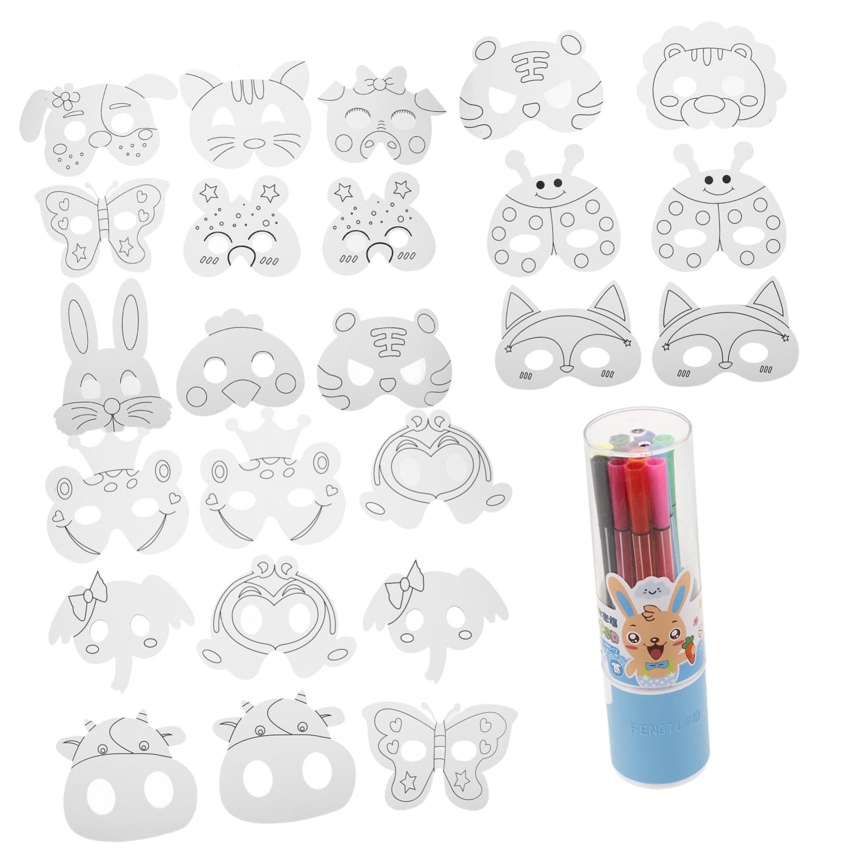Yardwe Maschera Animale Fai-da-te per Bambini, Set 1, Carta Plastico | Decorazioni Scuola, 24 Pezzi con 12 Pennelli Acquerello, per Crafting e Rappresentazione Scenica Stile Casuale